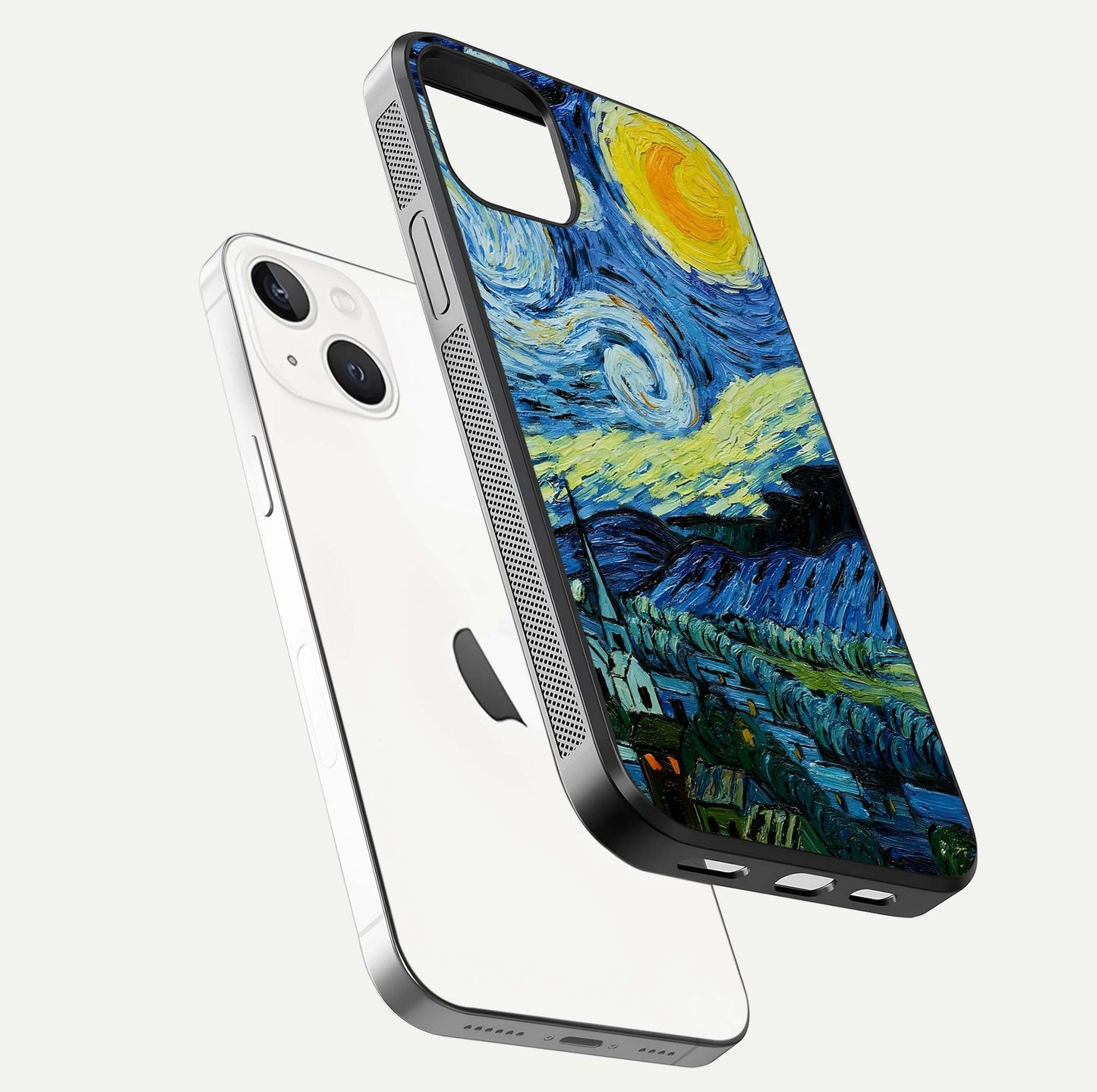 Inspired Van Gogh Art Glass Case for iPhone 14 floating dual-view mockup showing gloss depth and artistic reflection