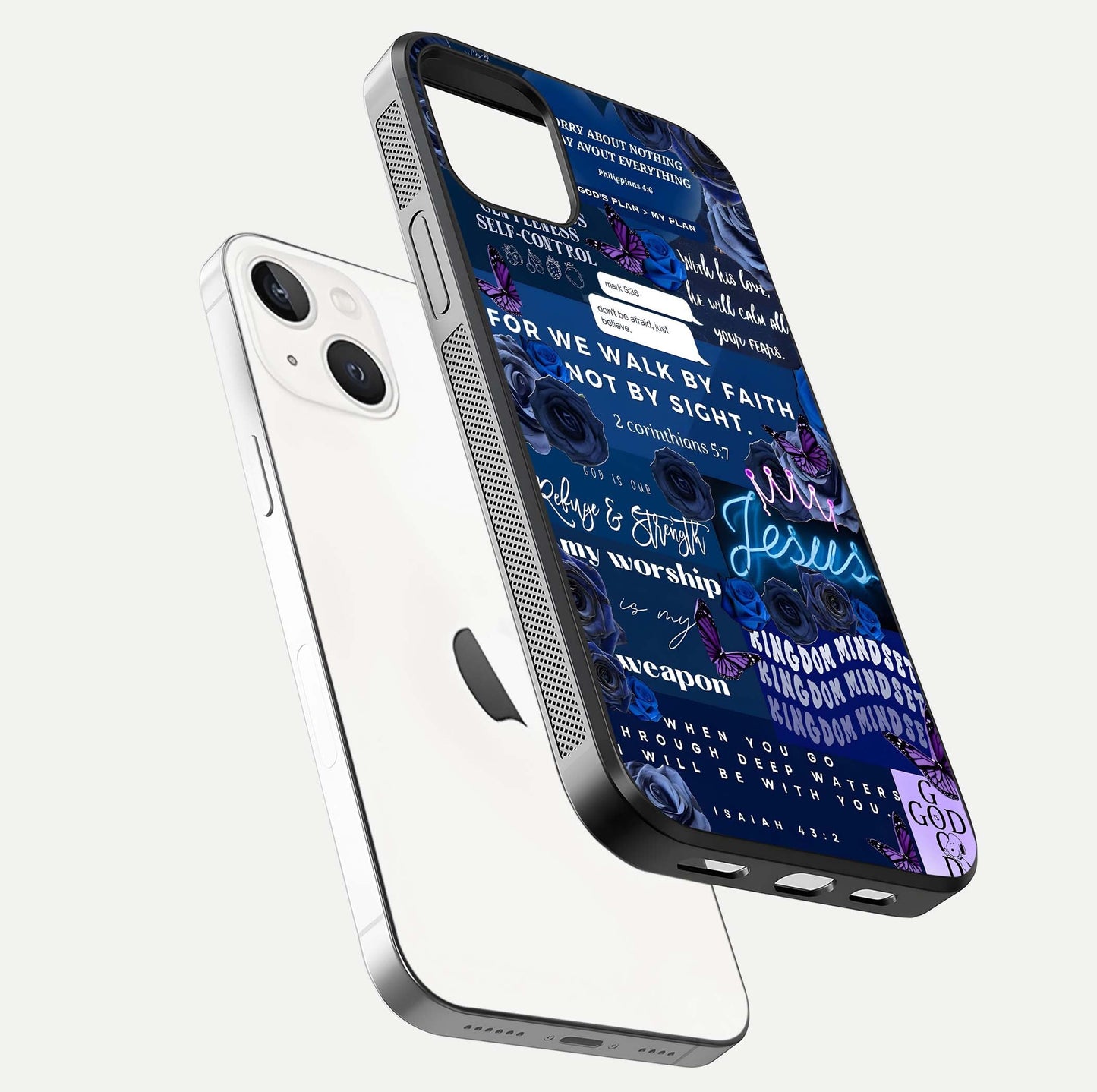 Kingdom Faith Glow Glass Case for iPhone 14 floating dual-view mockup showing premium gloss and golden aura