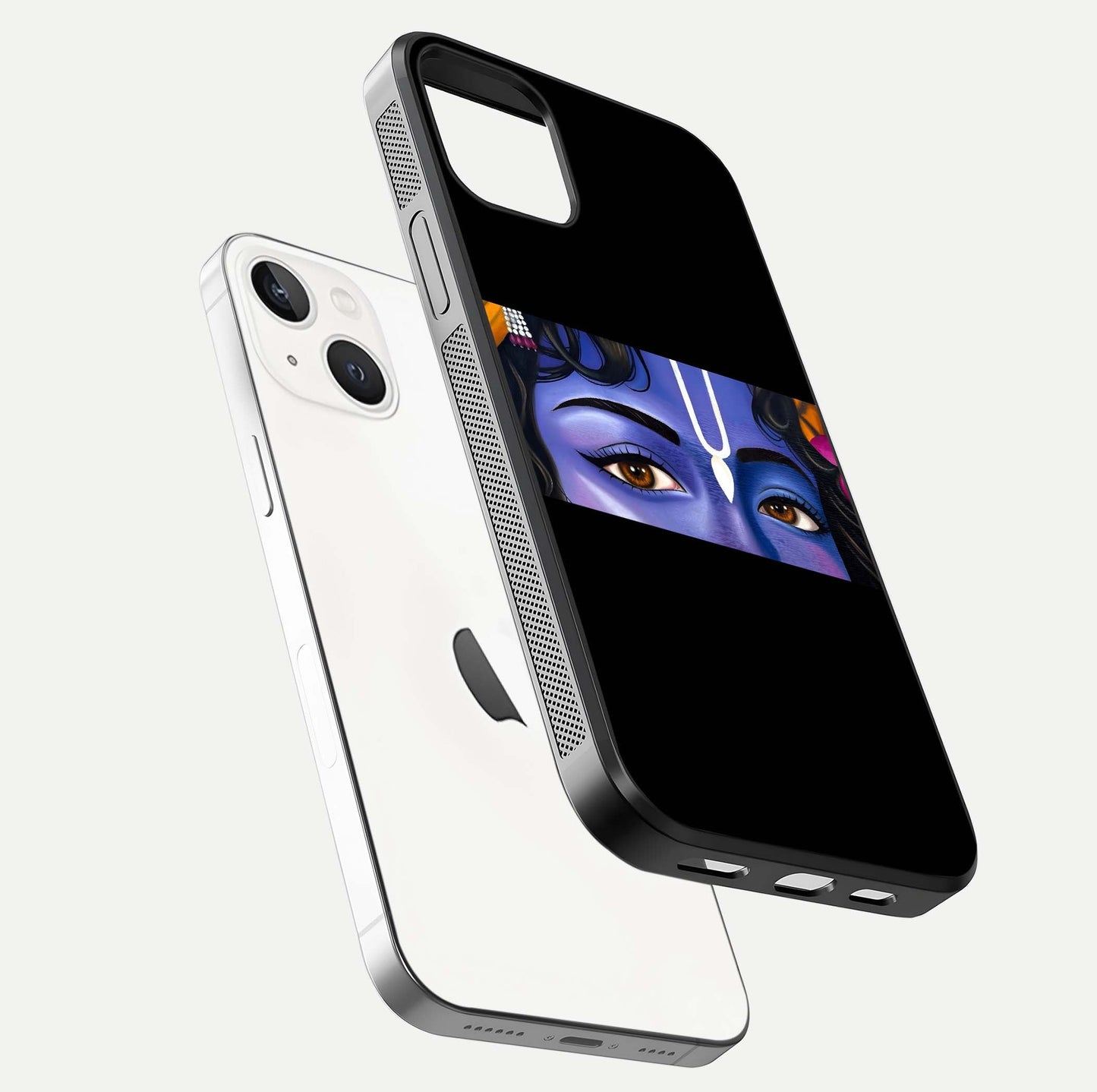 Krishna Eye Glass Case for iPhone 14 floating dual-view mockup showing gloss surface and divine art depth