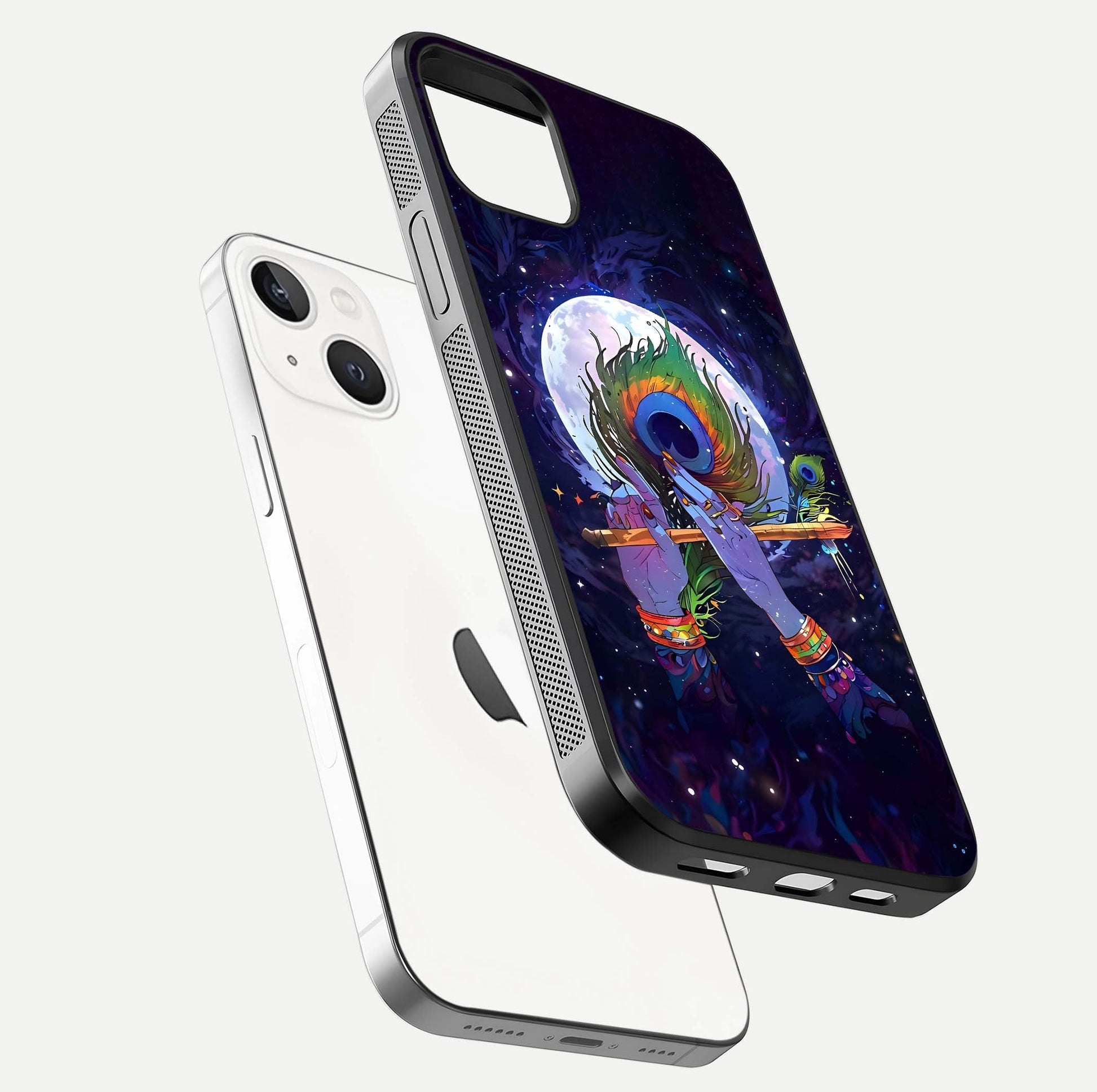 Krishna Hands Art Glass Case for iPhone 14 floating dual-view mockup showing premium gloss reflection
