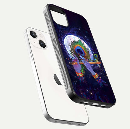 Krishna Hands Art Glass Case for iPhone 14 floating dual-view mockup showing premium gloss reflection