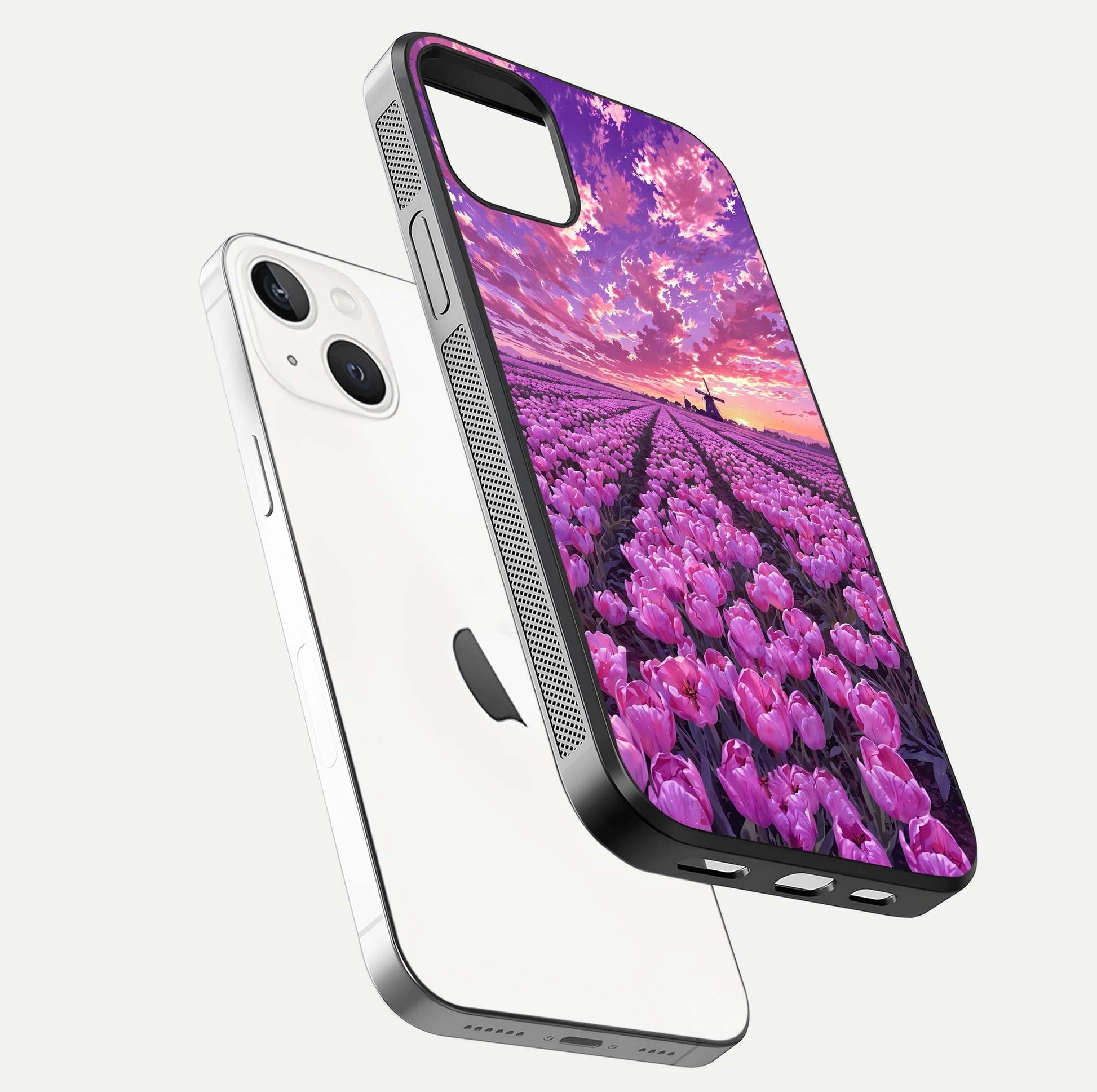 Lavender Dream Skies Glass Case for iPhone 14 floating dual-view mockup showing gloss polish and pastel design