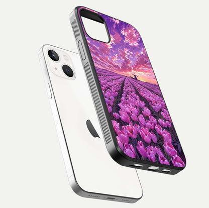 Lavender Dream Skies Glass Case for iPhone 14 floating dual-view mockup showing gloss polish and pastel design