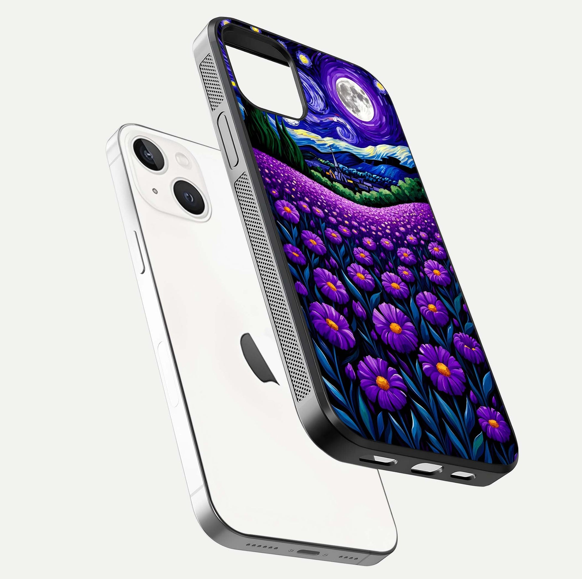 Lavender Moon Field Glass Case for iPhone 14 floating dual-view mockup showing gloss surface and floral glow