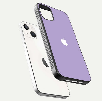 Lavender Soft Minimal Glass Case for iPhone 14 floating dual-view mockup showing gloss reflection and pastel tone