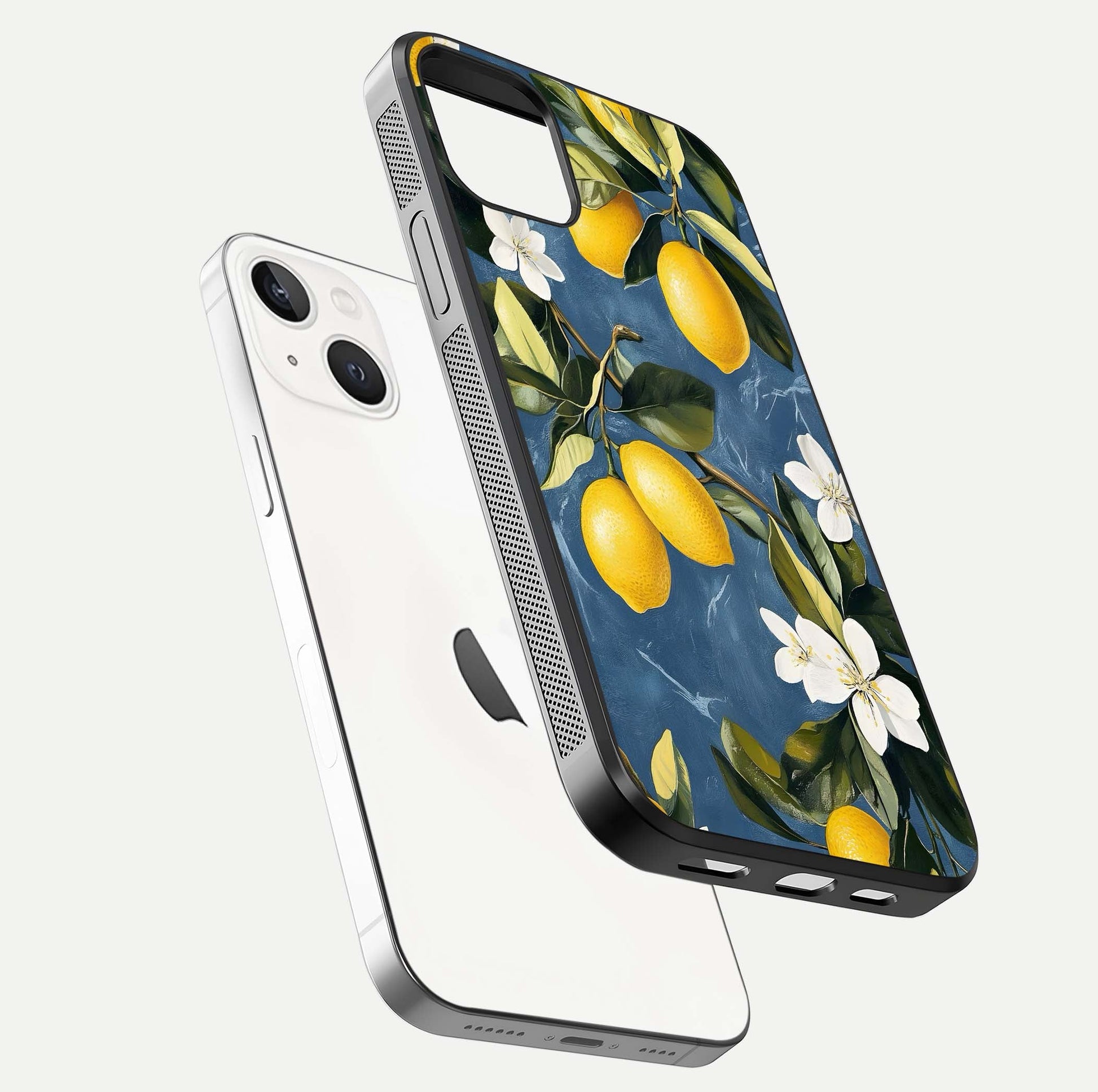 Lemon Dream Garden Glass Case for iPhone 14 floating dual-view mockup showing gloss brightness and vivid yellow print