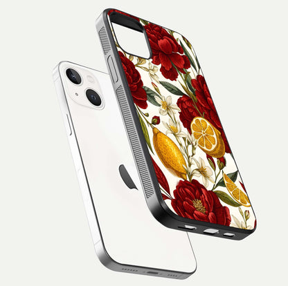 Lemon Rose Charm Glass Case for iPhone 14 floating dual-view mockup showing gloss polish and floral gradient