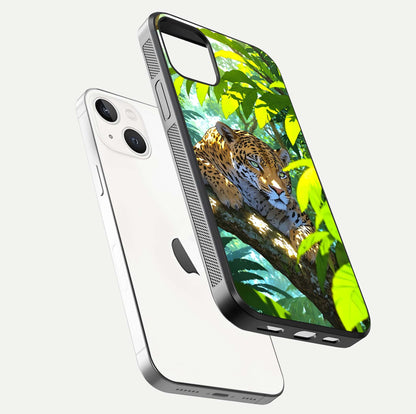 Leopard in Jungle Glass Case for iPhone 14 floating dual-view mockup showing gloss finish and HD wild pattern