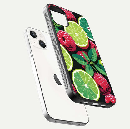 Lime and Raspberry Pattern Glass Case for iPhone 14 floating dual-view showing HD gloss and vivid print