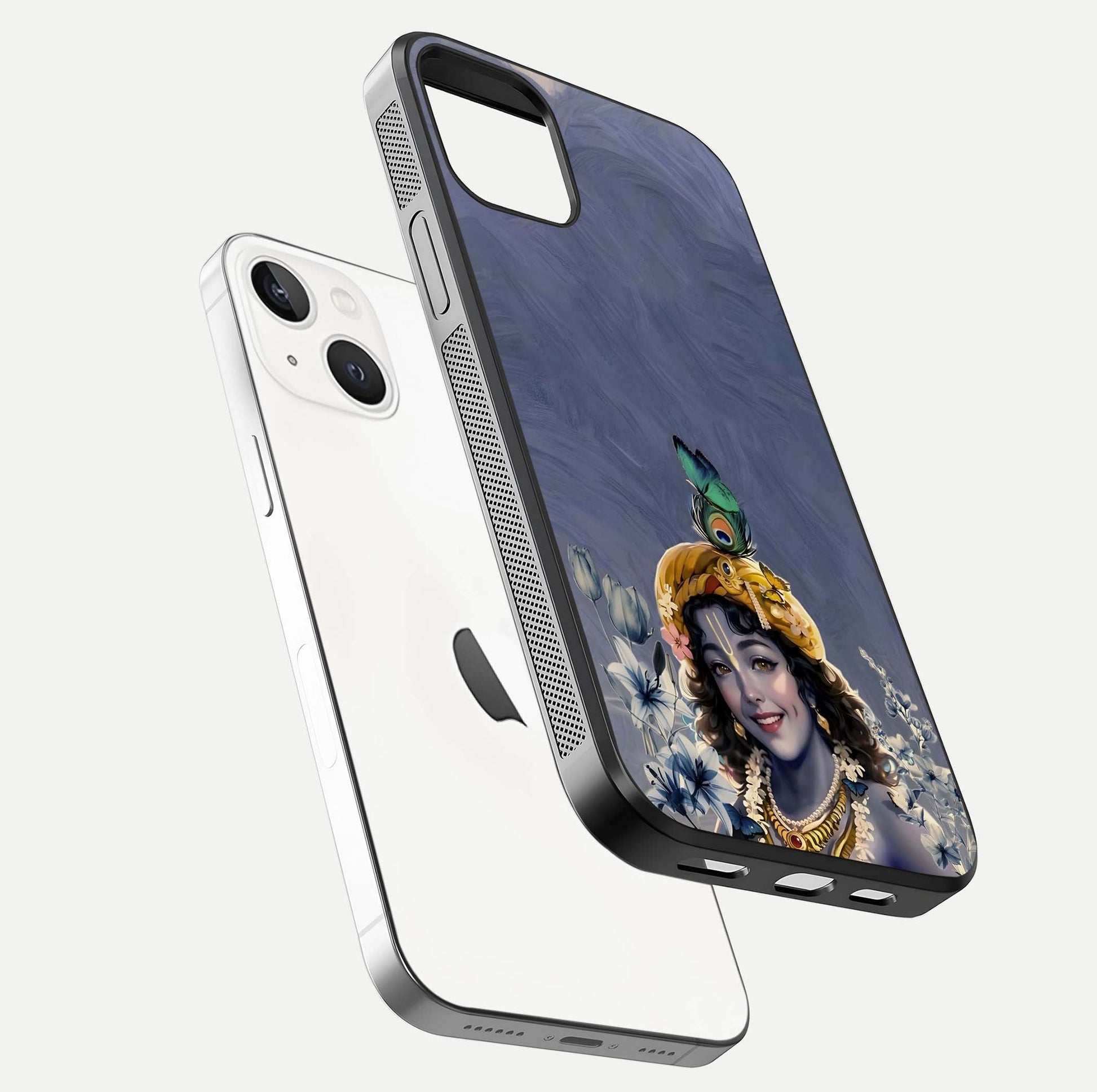 Lord Krishna Glass Case for iPhone 14 floating dual-view showing glossy shine and divine artistic pattern