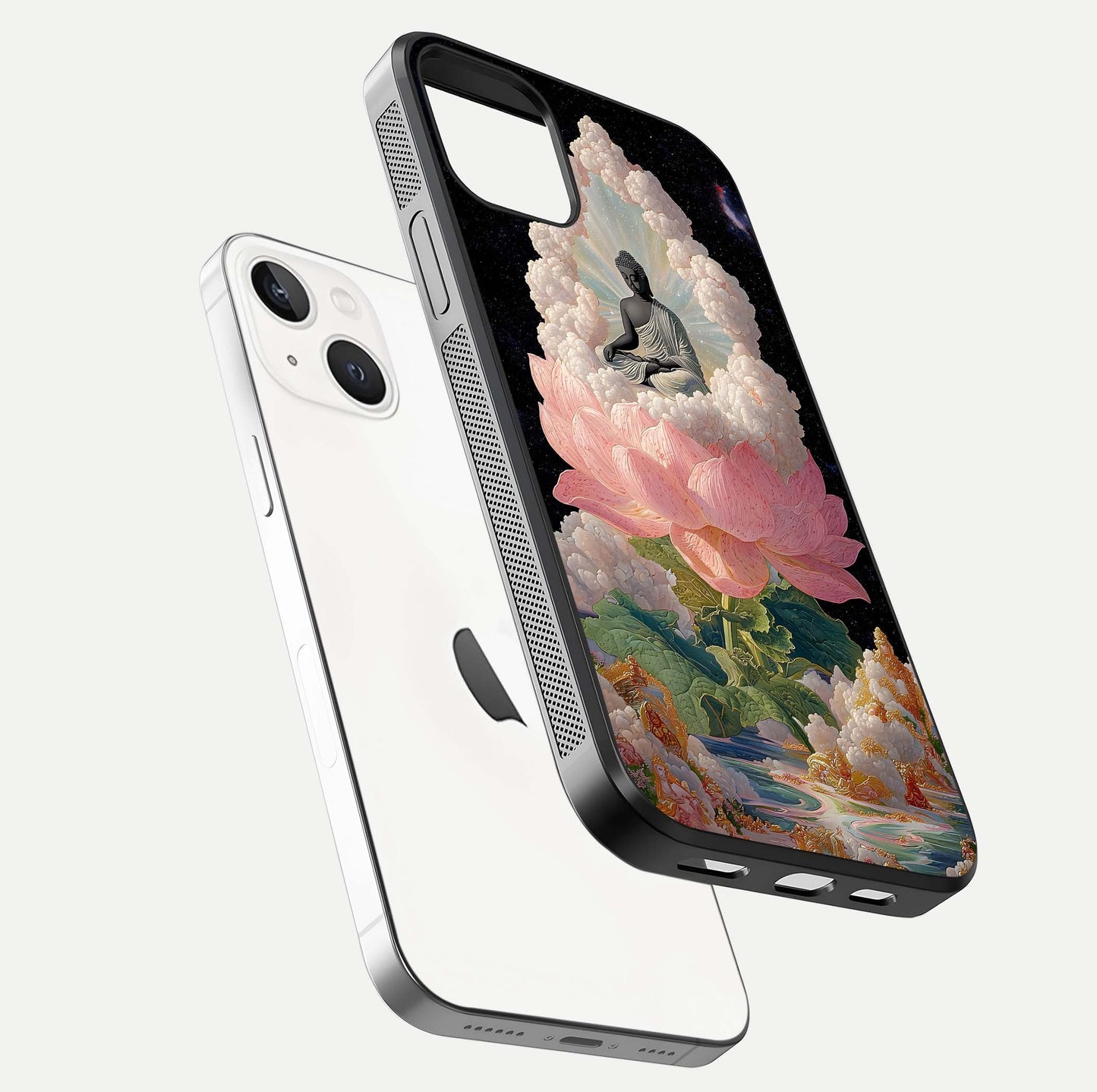 Lotus Divine Peace Glass Case for iPhone 14 floating dual-view mockup with glass glow and spiritual calm art