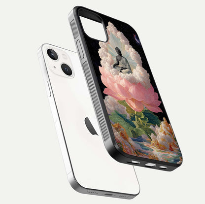 Lotus Divine Peace Glass Case for iPhone 14 floating dual-view mockup with glass glow and spiritual calm art