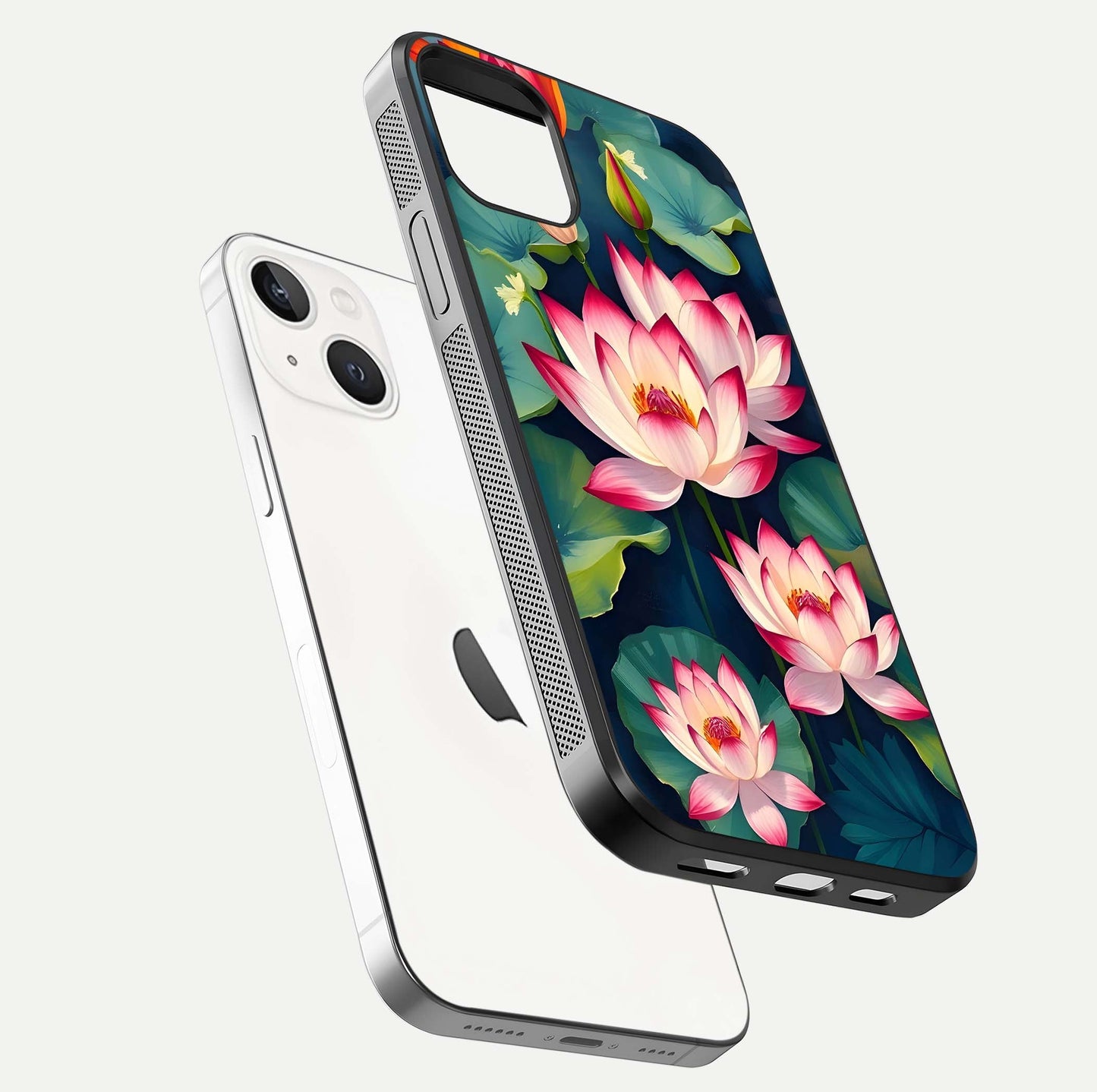 Lotus Dream Serenity Glass Case for iPhone 14 floating dual-view mockup highlighting HD gloss glow