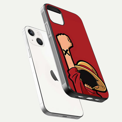 Luffy X Spirit Glass Case for iPhone 14 floating dual-view mockup showing gloss polish and vibrant color depth