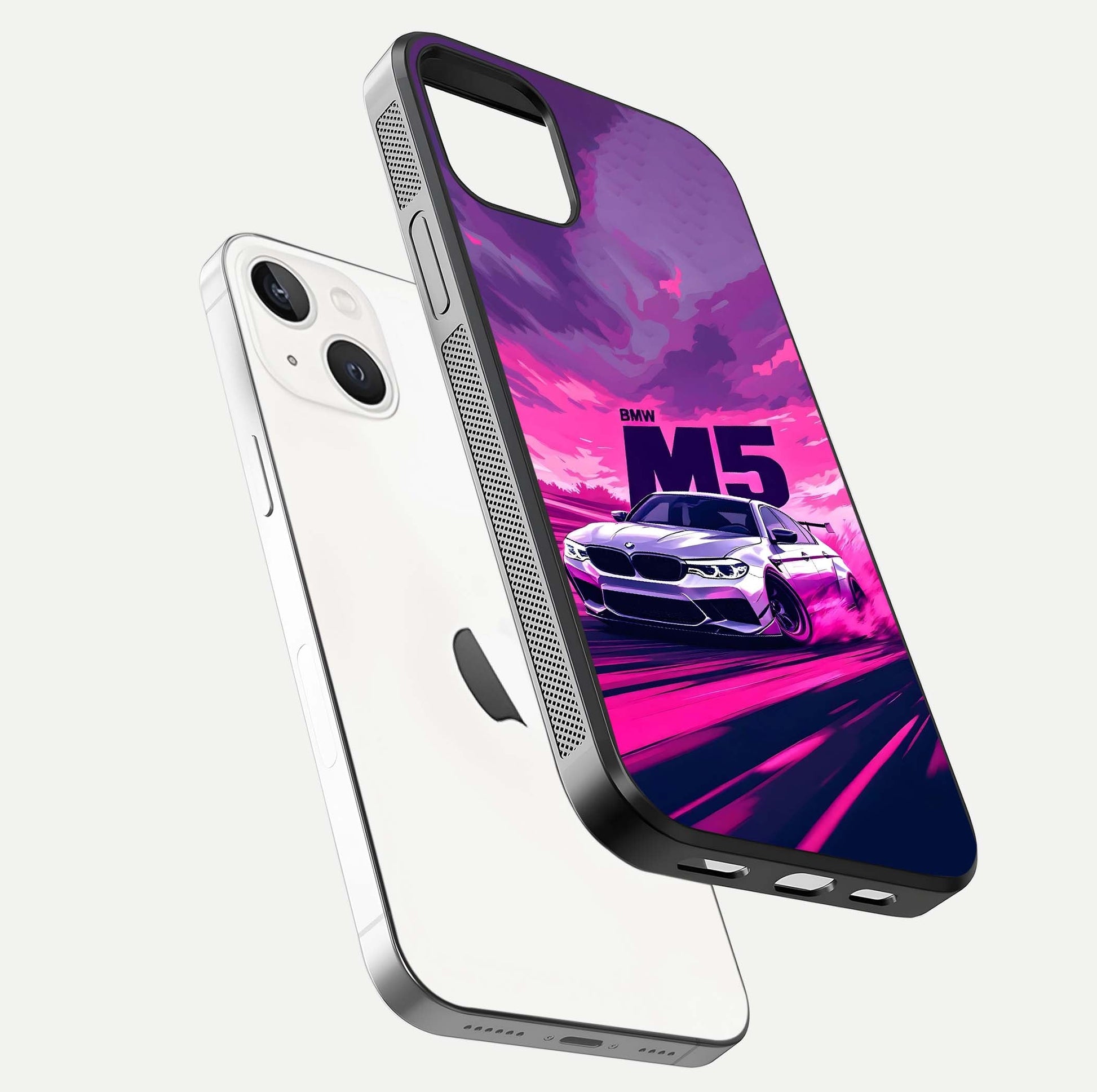 MS Neon Car Glass Case for iPhone 14 floating dual-view mockup showing HD gloss and electric color tones