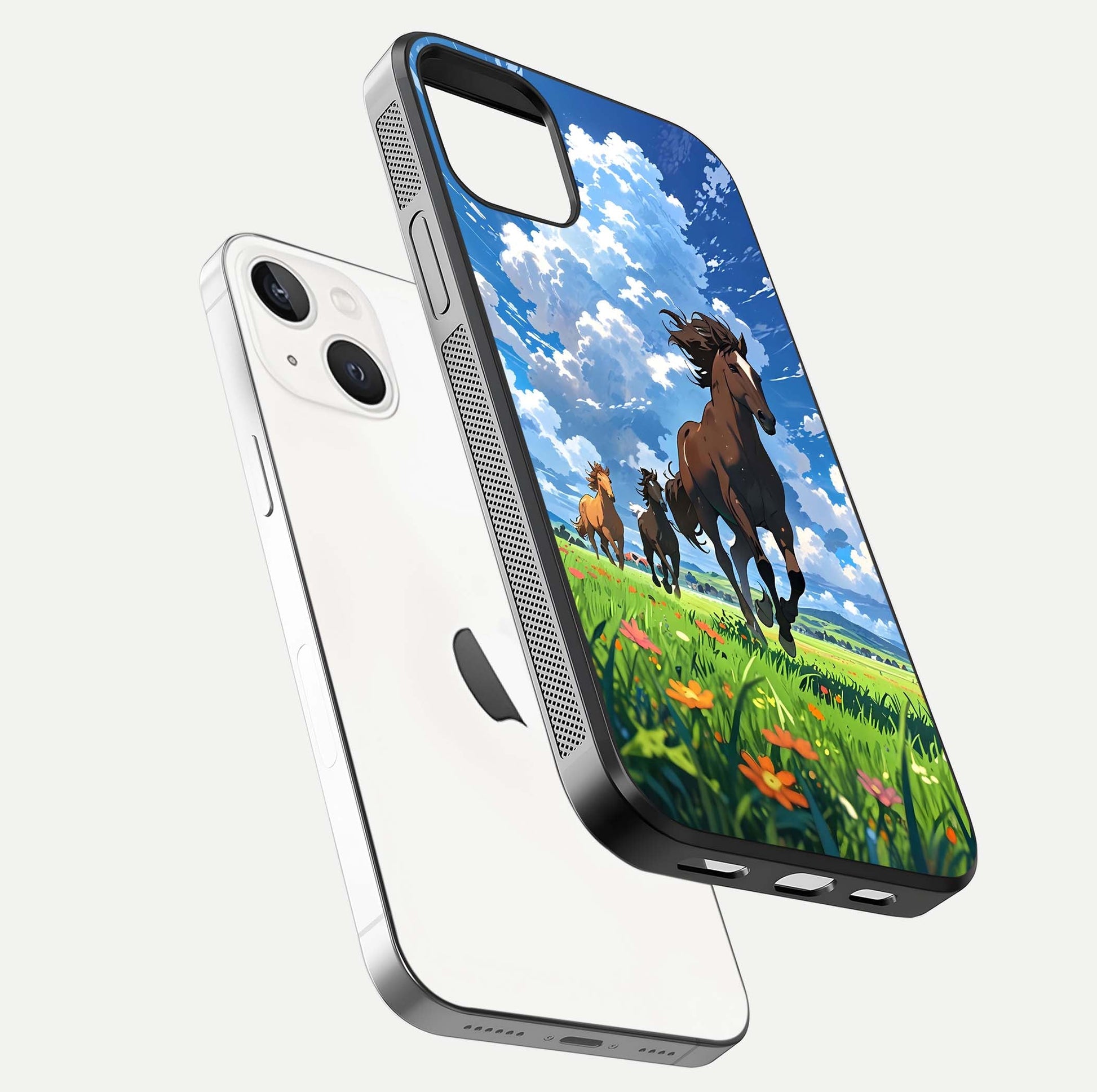 Majestic Horses Galloping Glass Case for iPhone 14 floating dual-view mockup showing gloss texture and vivid tones