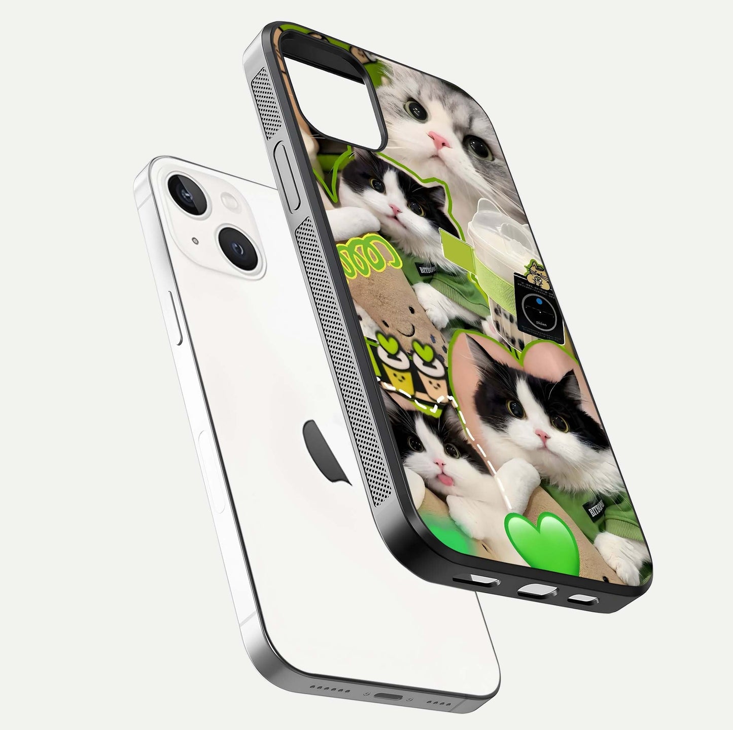 Matcha Cats Mood Glass Case for iPhone 14 floating dual-view mockup showing HD gloss surface and soft tones