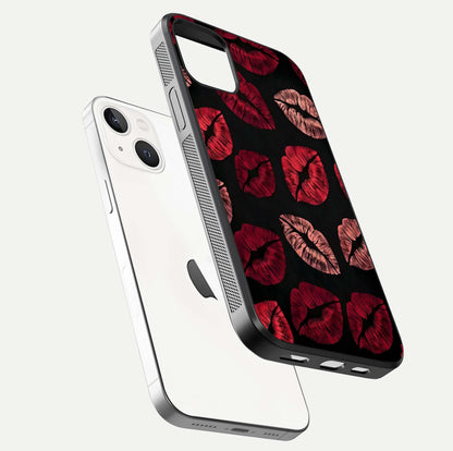 Midnight Kiss Love Glass Case for iPhone 14 floating dual-view mockup showing HD gloss and elegant edge design