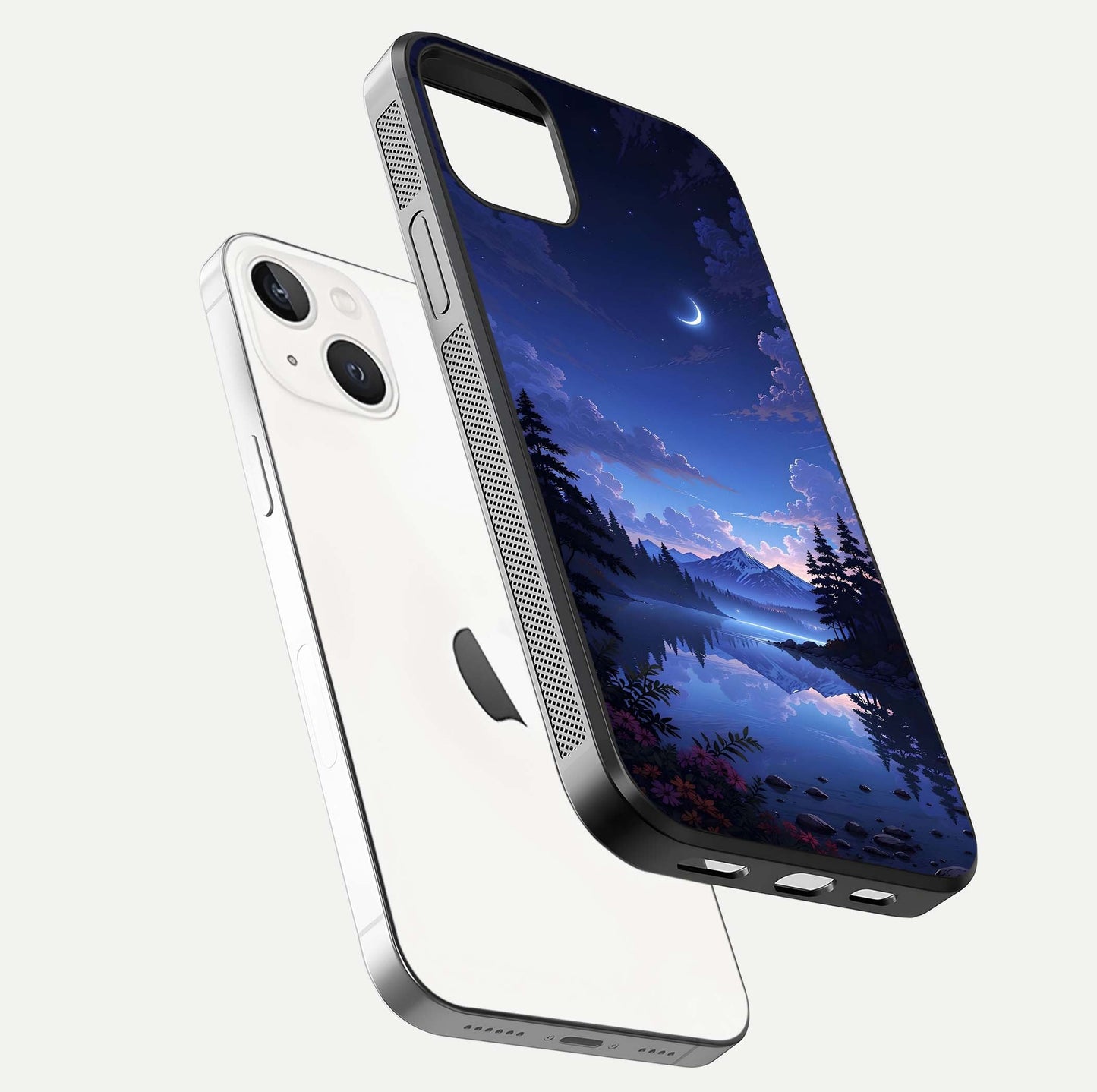 Midnight Lake Peace Glass Case for iPhone 14 floating dual-view mockup showing gloss finish and peaceful art