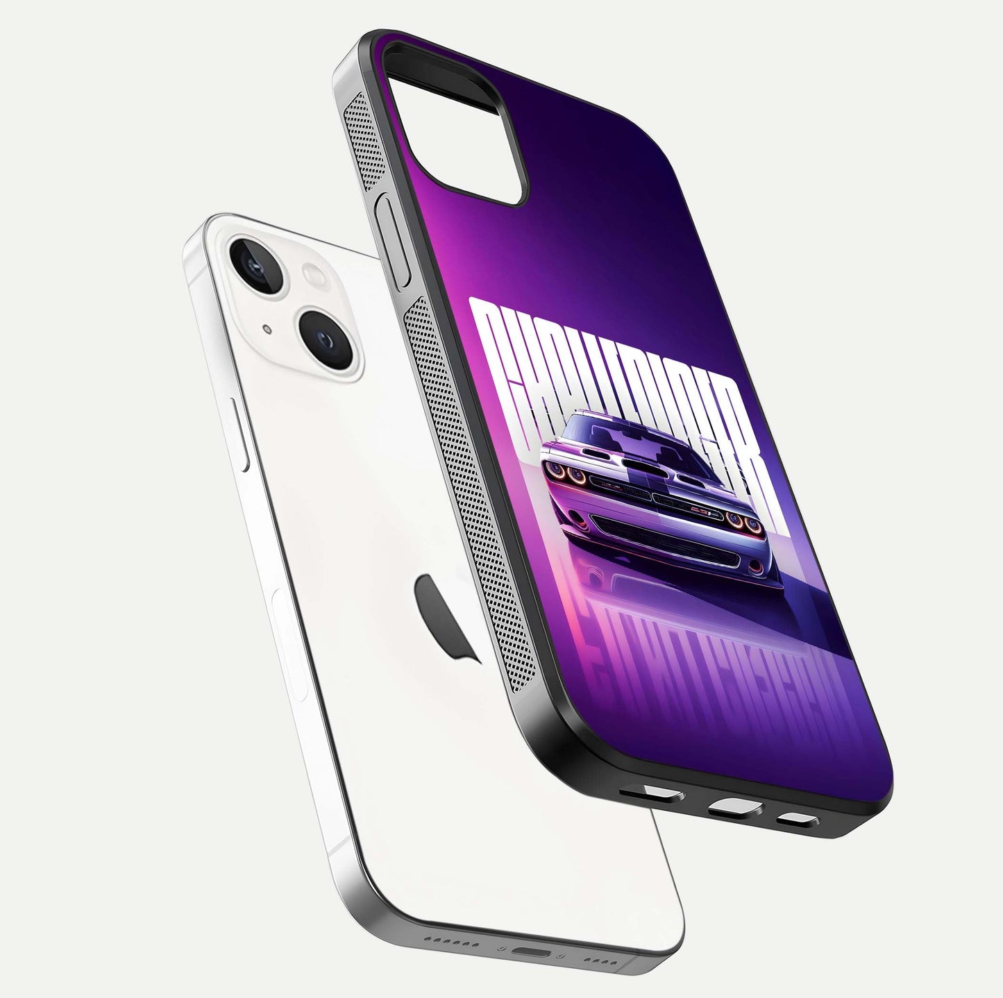 Midnight Muscle Ride Glass Case for iPhone 14 floating dual-view mockup showing glossy finish and shine depth