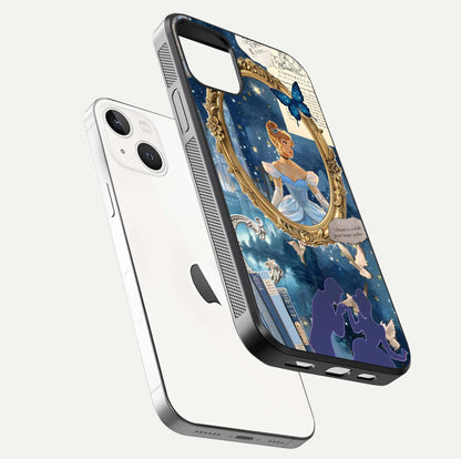 Midnight Queen Glass Case for iPhone 14 floating dual-view mockup showing HD glass shine and luxury art