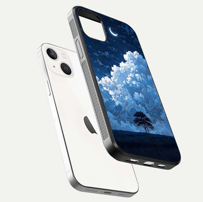 Midnight Sky Serenity Glass Case for iPhone 14 floating dual-view mockup showing HD gloss and night shine