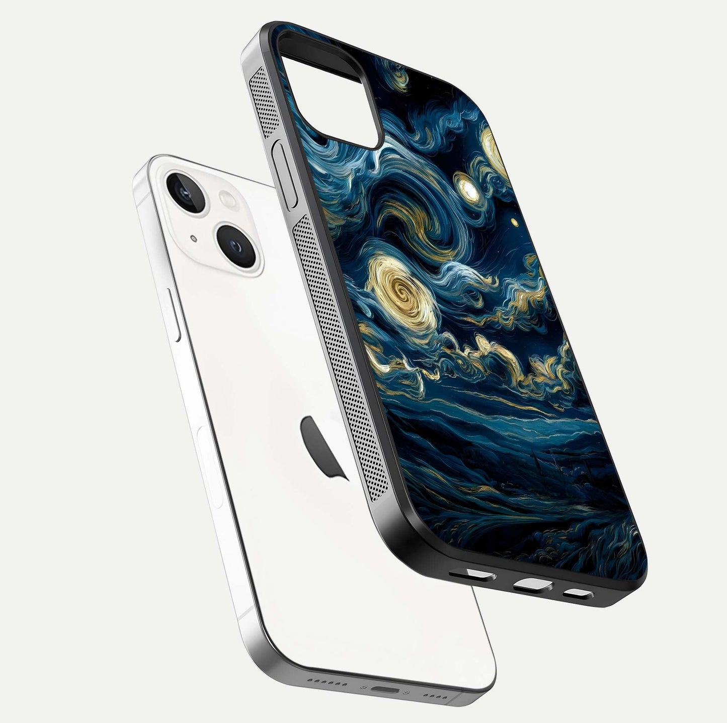 Midnight Sky Whirl Glass Case for iPhone 14 floating dual-view mockup showing gloss texture and shine
