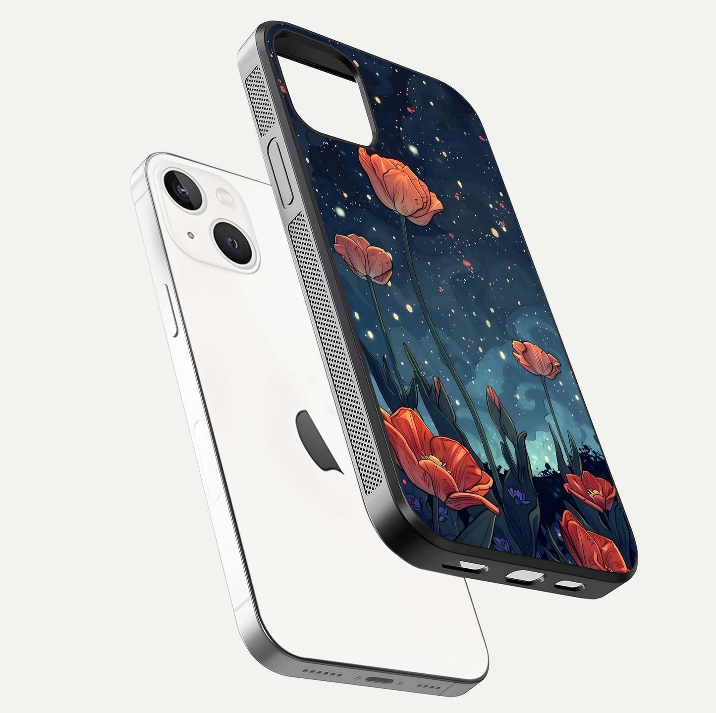 Midnight Tulip Glow Glass Case for iPhone 14 floating dual-view mockup showing HD gloss and tulip tone