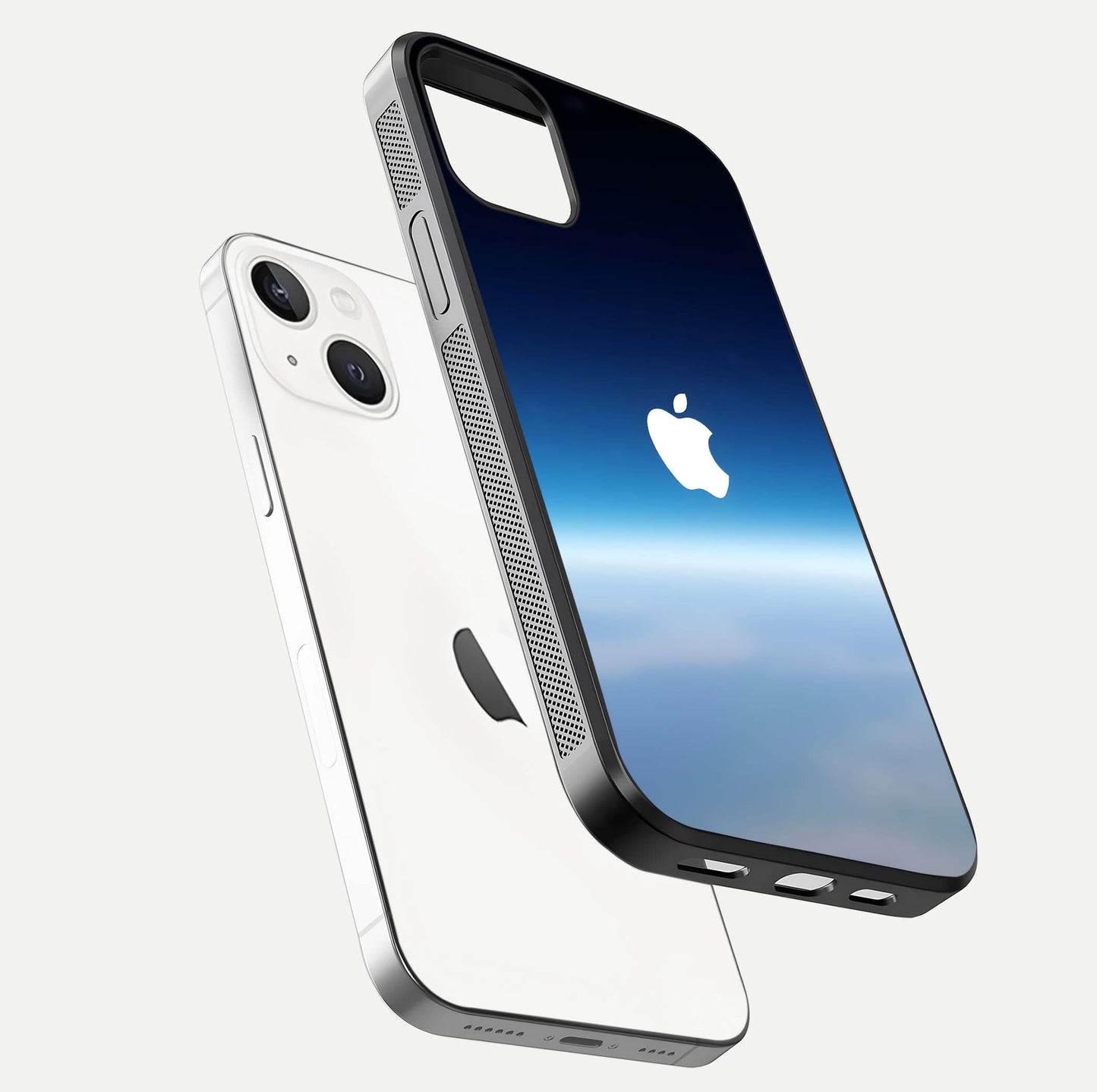 Minimal Apple Sky Glass Case for iPhone 14 floating dual-view mockup showing HD gloss and Apple design