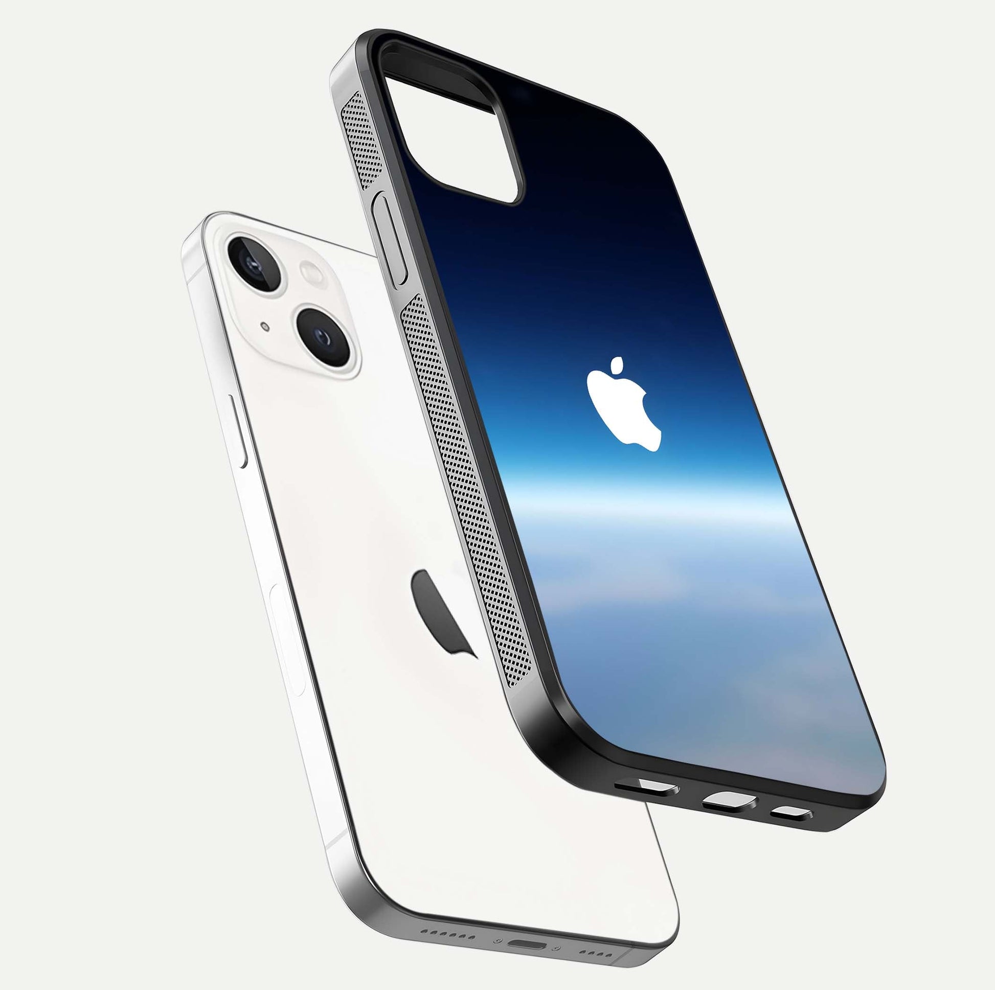 Minimal Apple Sky Glass Case for iPhone 14 floating dual-view mockup showing HD gloss and Apple design