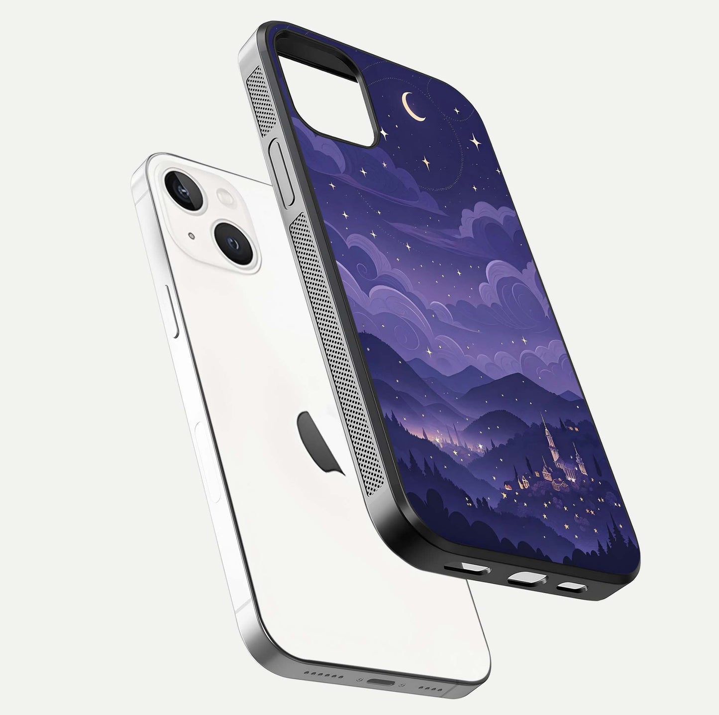 Minimal Night View Glass Case for iPhone 14 floating dual-view mockup showing HD gloss and clean lines