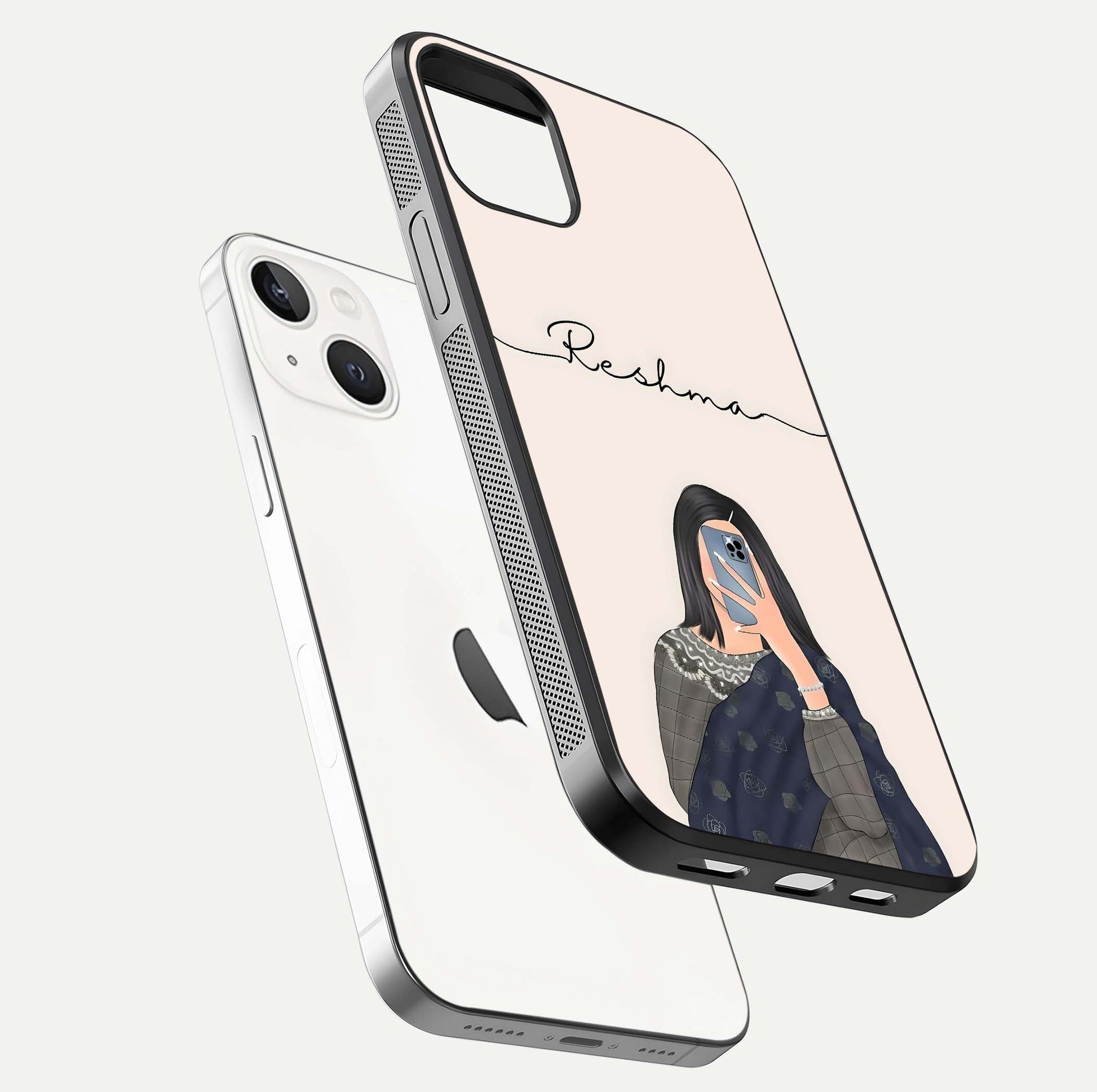 Mirror Mood Muse Custom Name Glass Case for iPhone 14 floating dual-view mockup showing reflection and luxury style