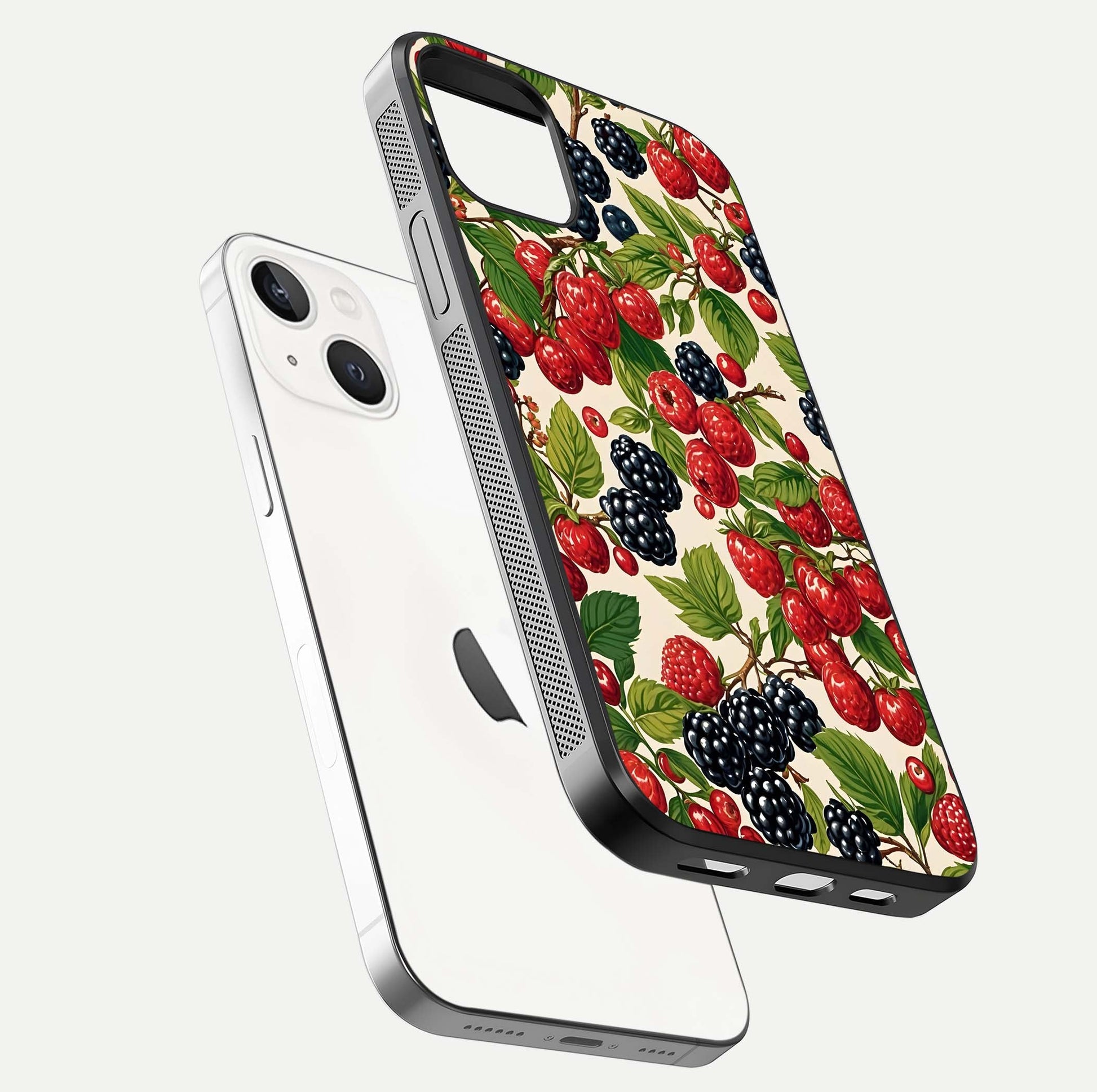 Mixed Berry Collage Glass Case for iPhone 14 floating dual-view mockup showing gloss depth and vibrant design