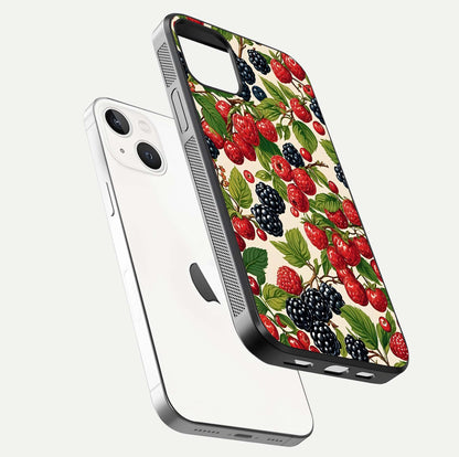 Mixed Berry Collage Glass Case for iPhone 14 floating dual-view mockup showing gloss depth and vibrant design