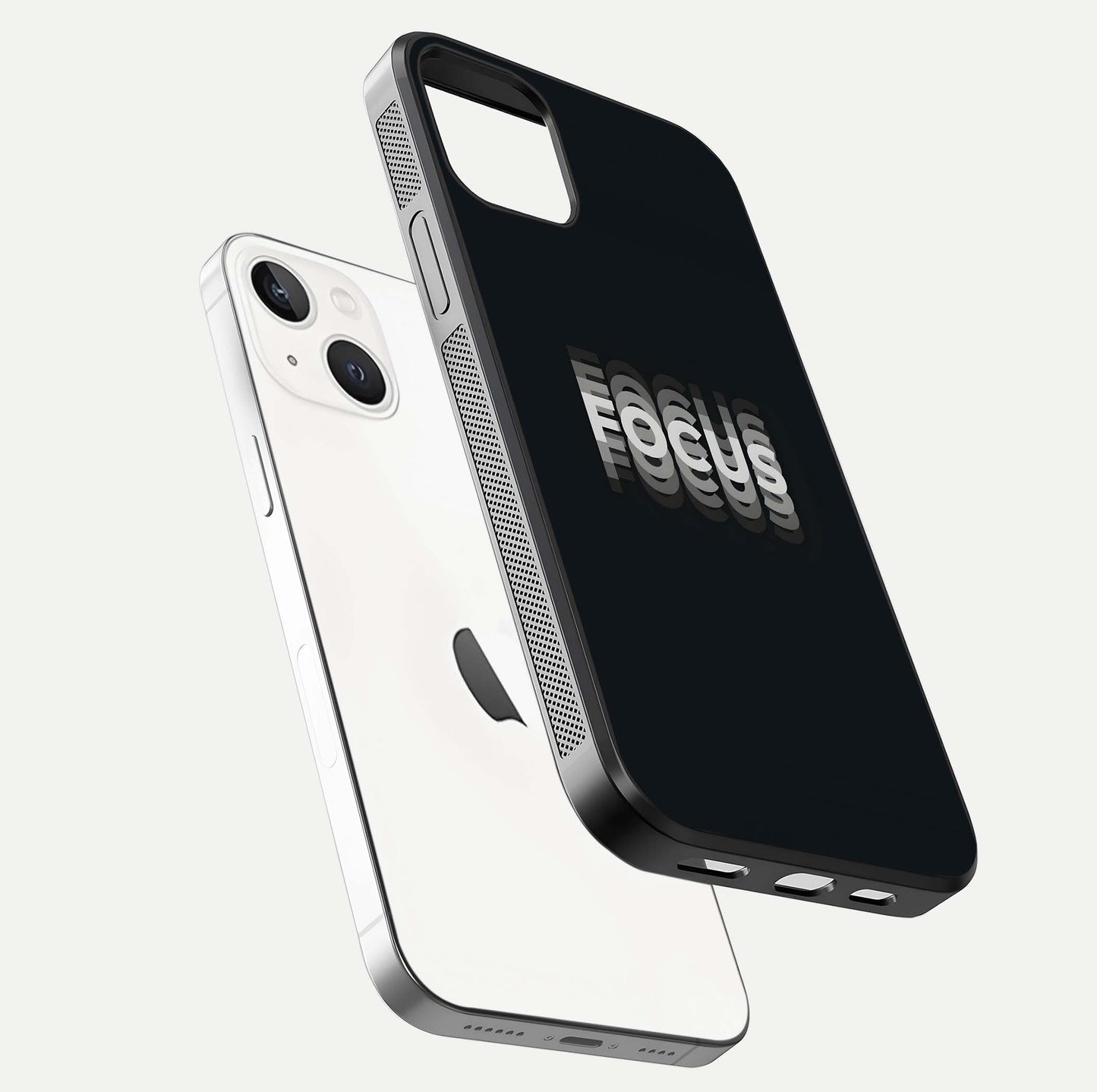 Mono Focus Vision Glass Case for iPhone 14 floating dual-view mockup showing HD gloss and elegant simplicity
