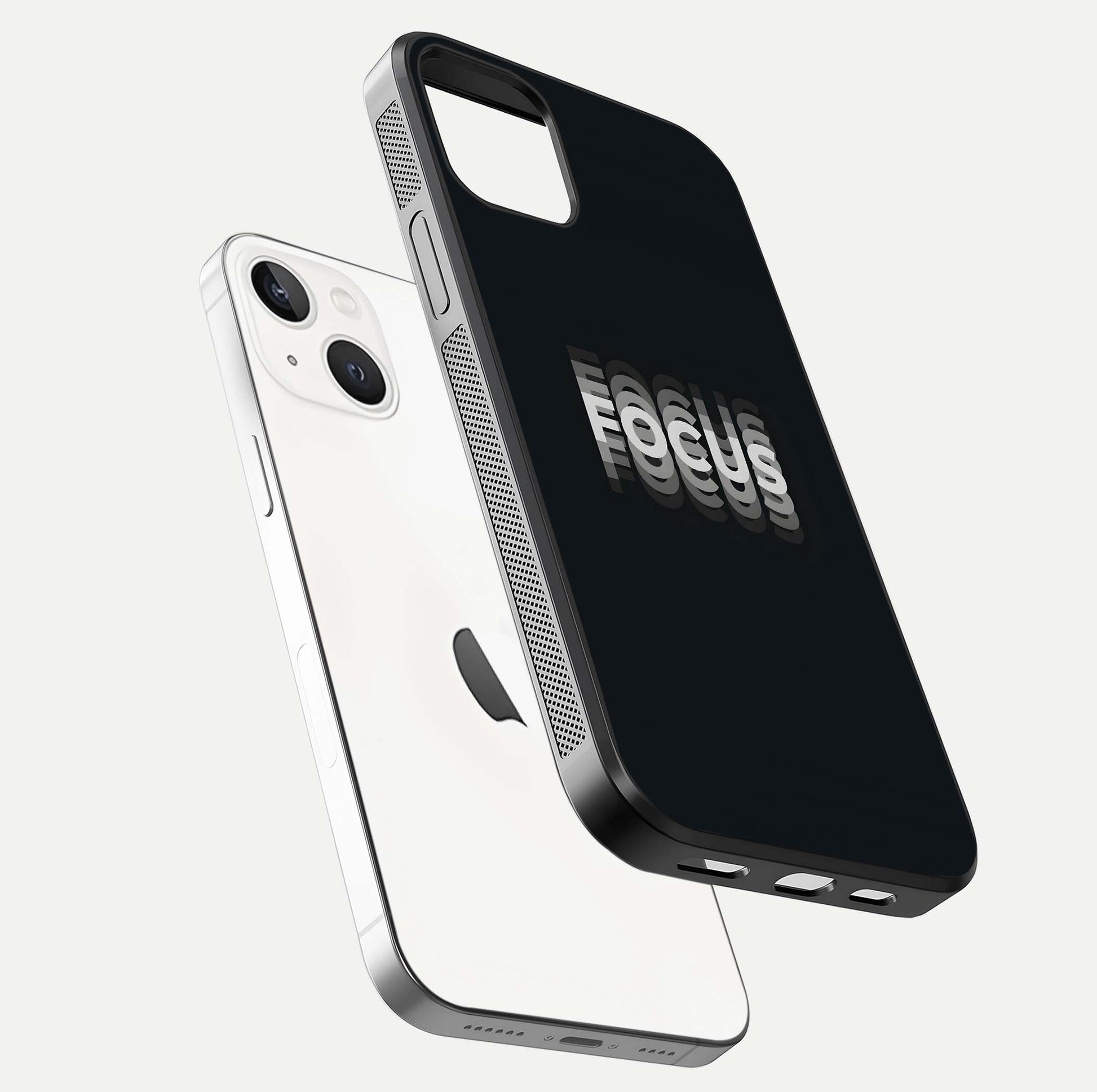 Mono Focus Vision Glass Case for iPhone 14 floating dual-view mockup showing HD gloss and elegant simplicity