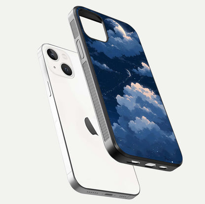 Moon Dream Haze Glass Case for iPhone 14 floating dual-view mockup showing gloss texture and calm tones