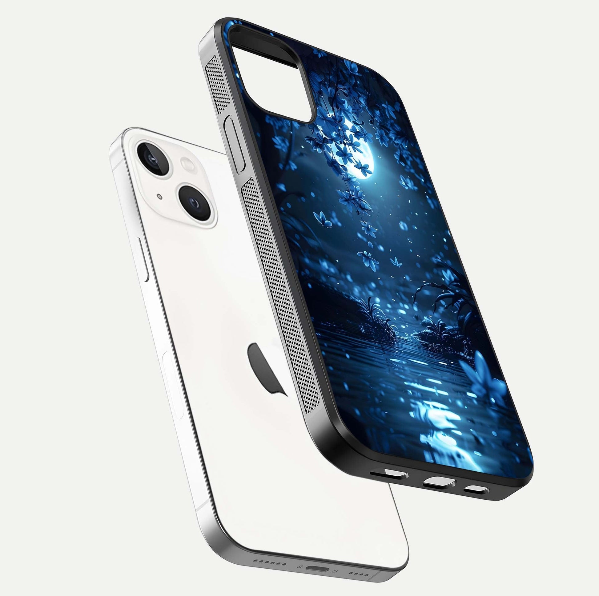 Moonlight Petal Dream Glass Case for iPhone 14 floating dual-view mockup showing HD gloss and dreamy art