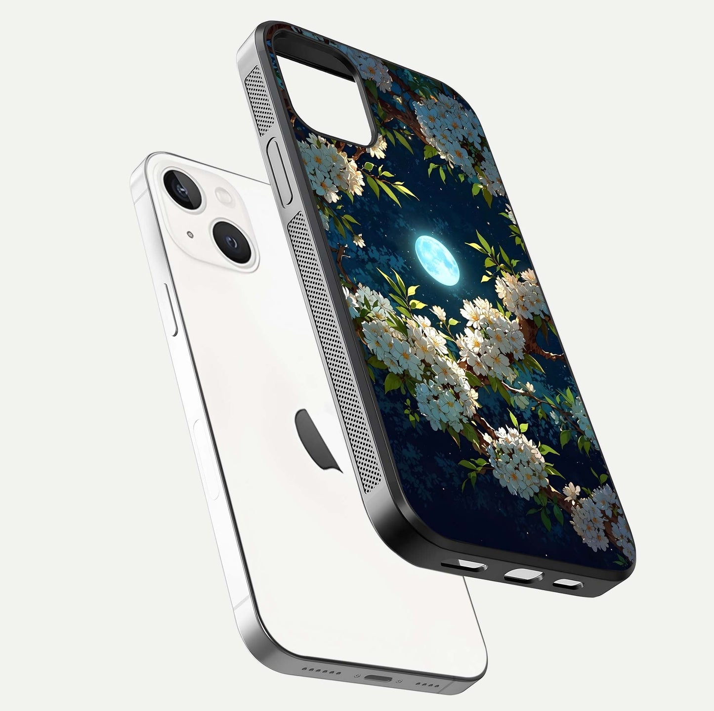 Moonlit Blossom Dream Glass Case for iPhone 14 floating dual-view mockup showing gloss texture and floral tone