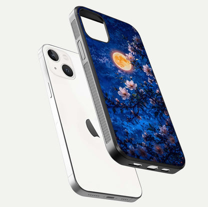 Moonlit Blossoms Night Glass Case for iPhone 14 floating dual-view mockup showing HD gloss and floral contrast
