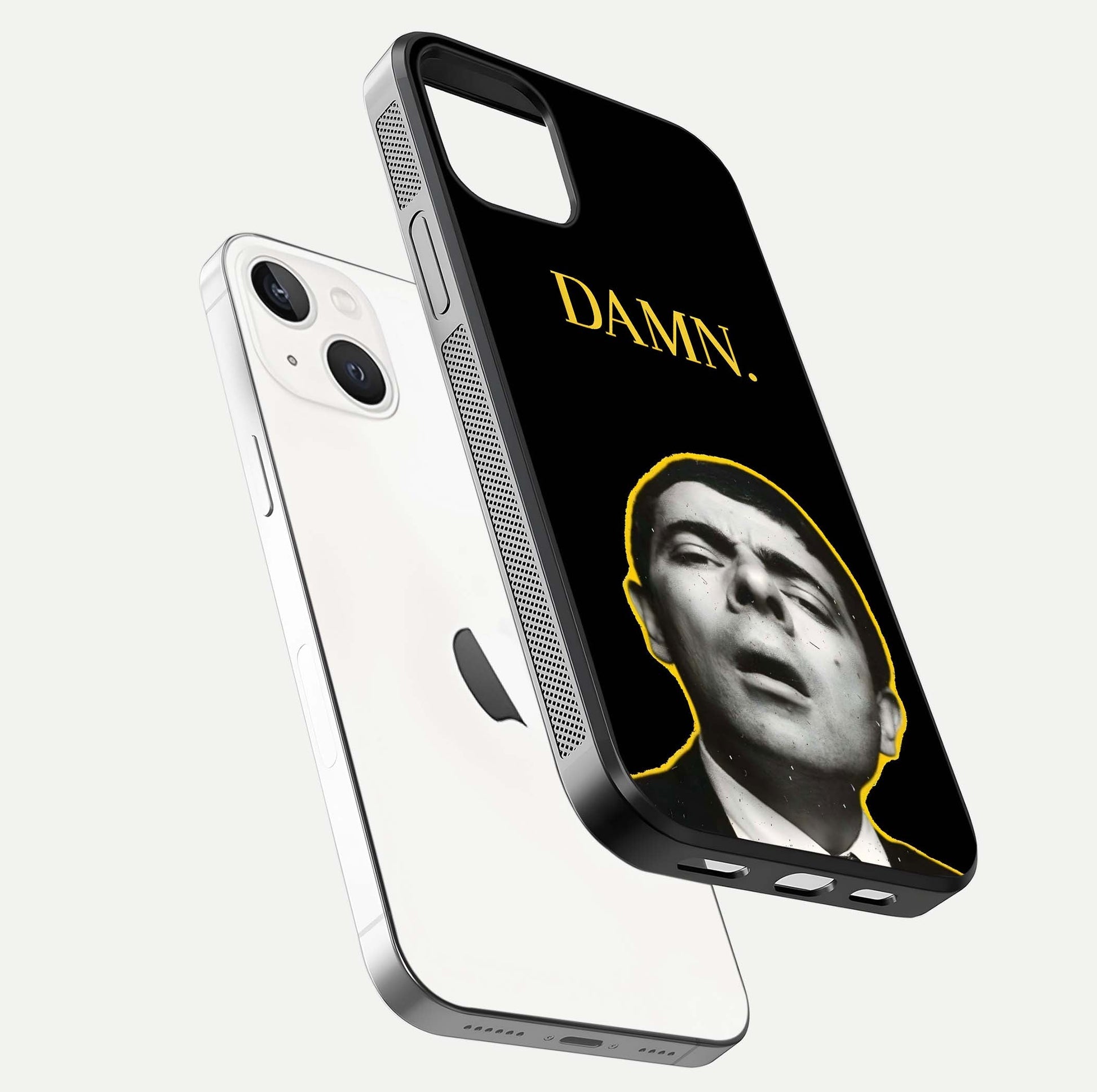 Mr Bean Damn Glass Case for iPhone 14 floating dual-view mockup showing reflective gloss and vivid tones
