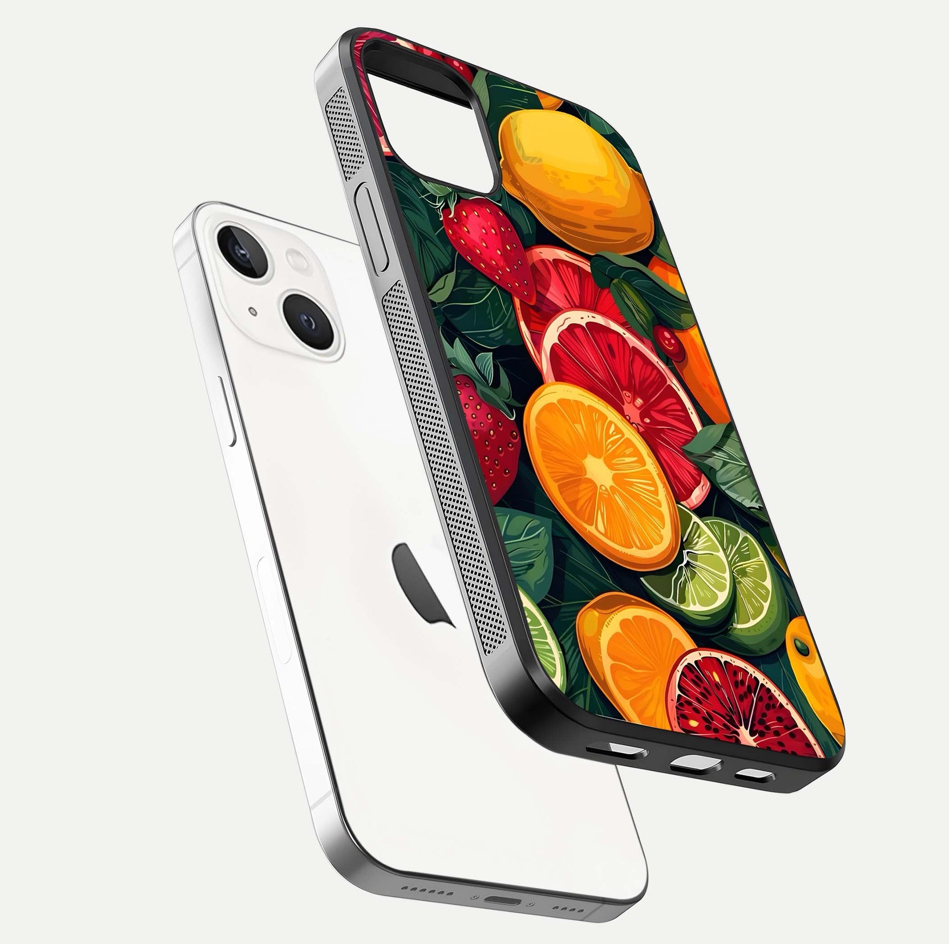 Multiple Fruits Glass Case for iPhone 14 floating dual-view mockup showing reflection depth and freshness