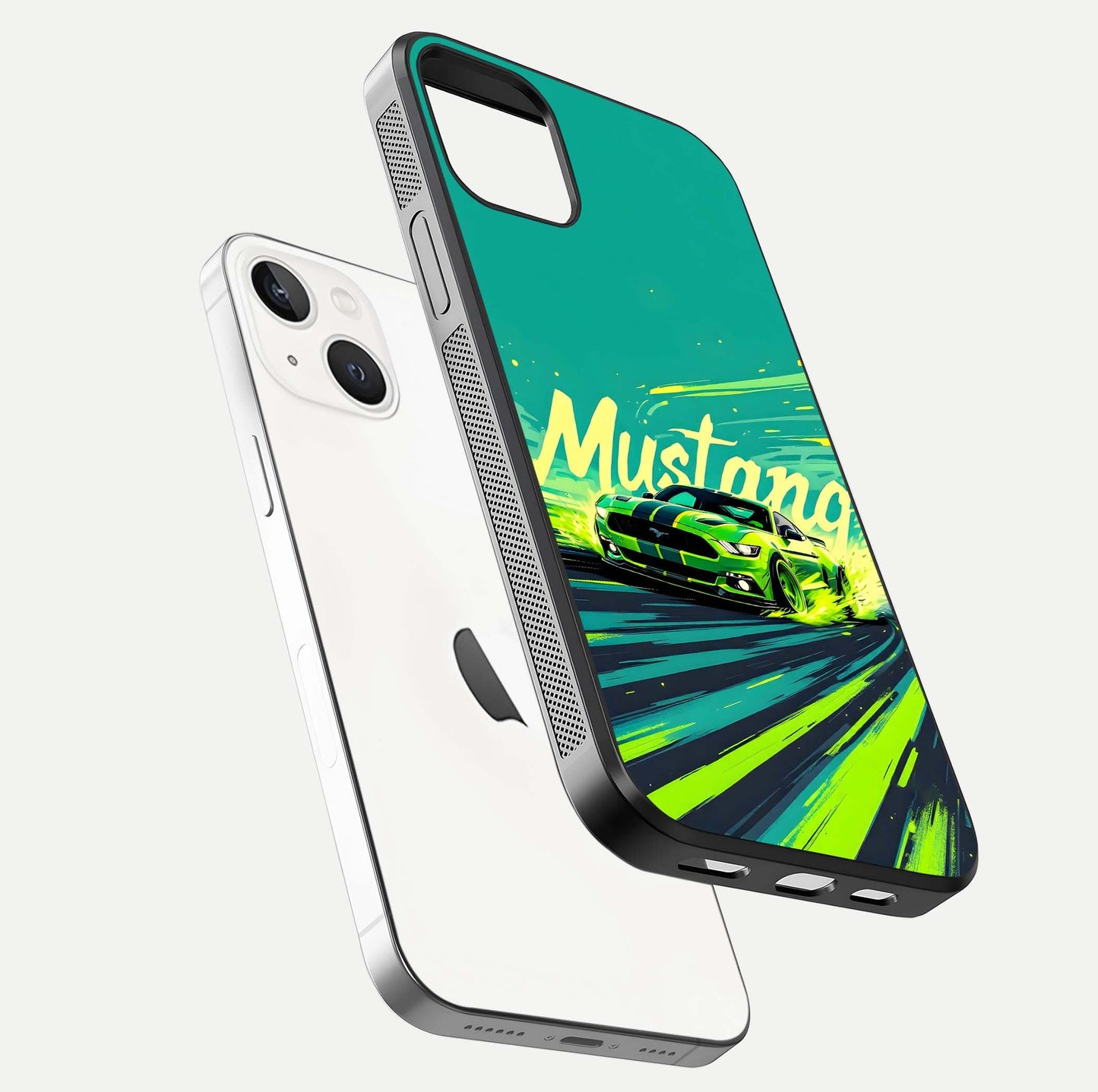Mustang Bang Glass Case for iPhone 14 floating dual-view mockup showing gloss depth and power design