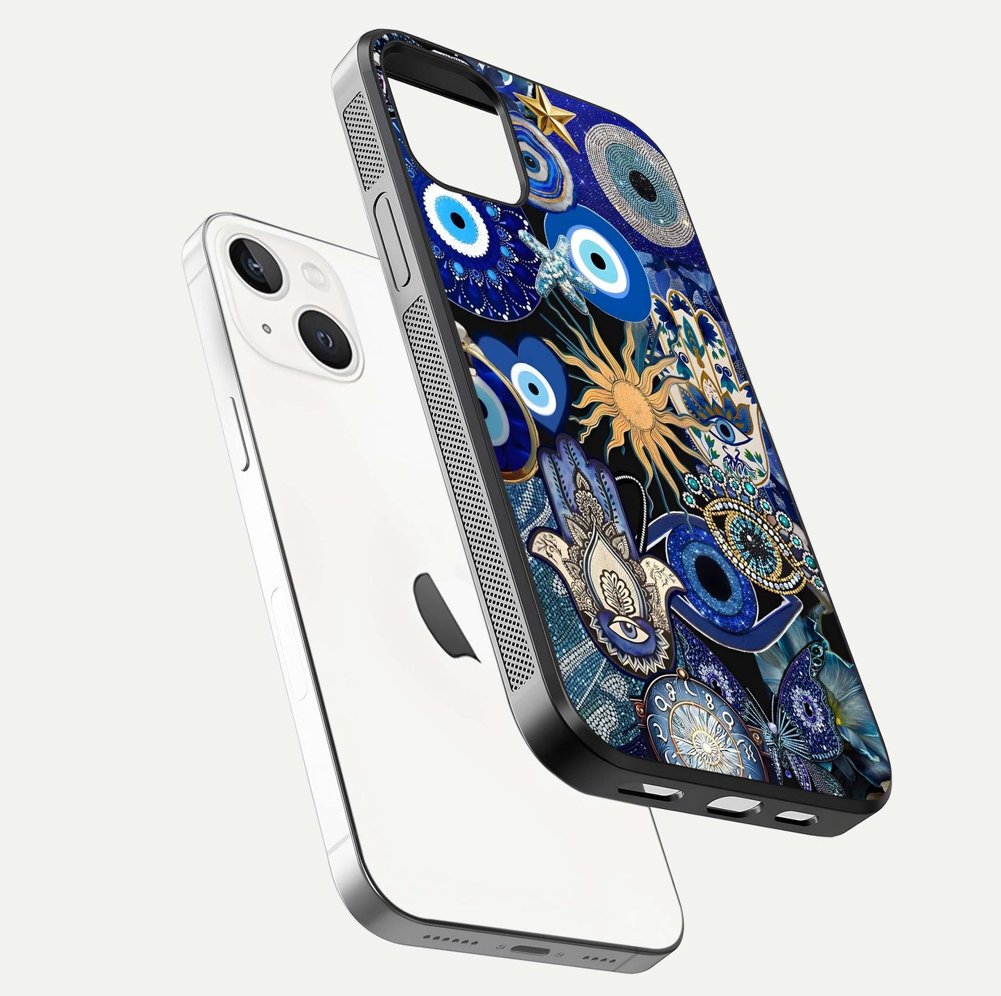 Mystic Blue Evil Eye Glass Case for iPhone 14 floating dual-view mockup showing gloss depth and sacred symbol