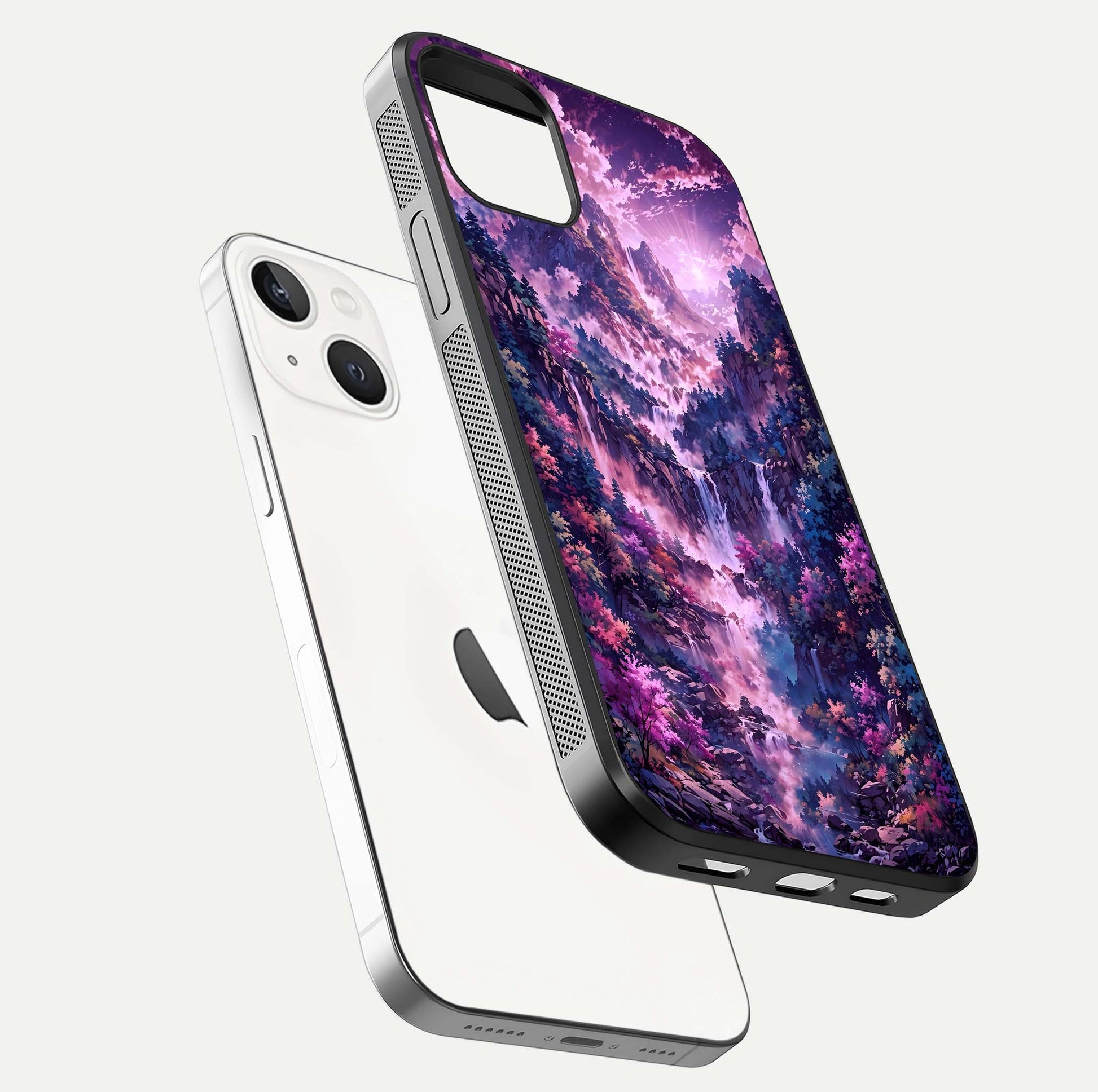 Mystic Cascade Peaks Glass Case for iPhone 14 floating dual-view mockup showing gloss texture and depth