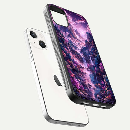 Mystic Cascade Peaks Glass Case for iPhone 14 floating dual-view mockup showing gloss texture and depth
