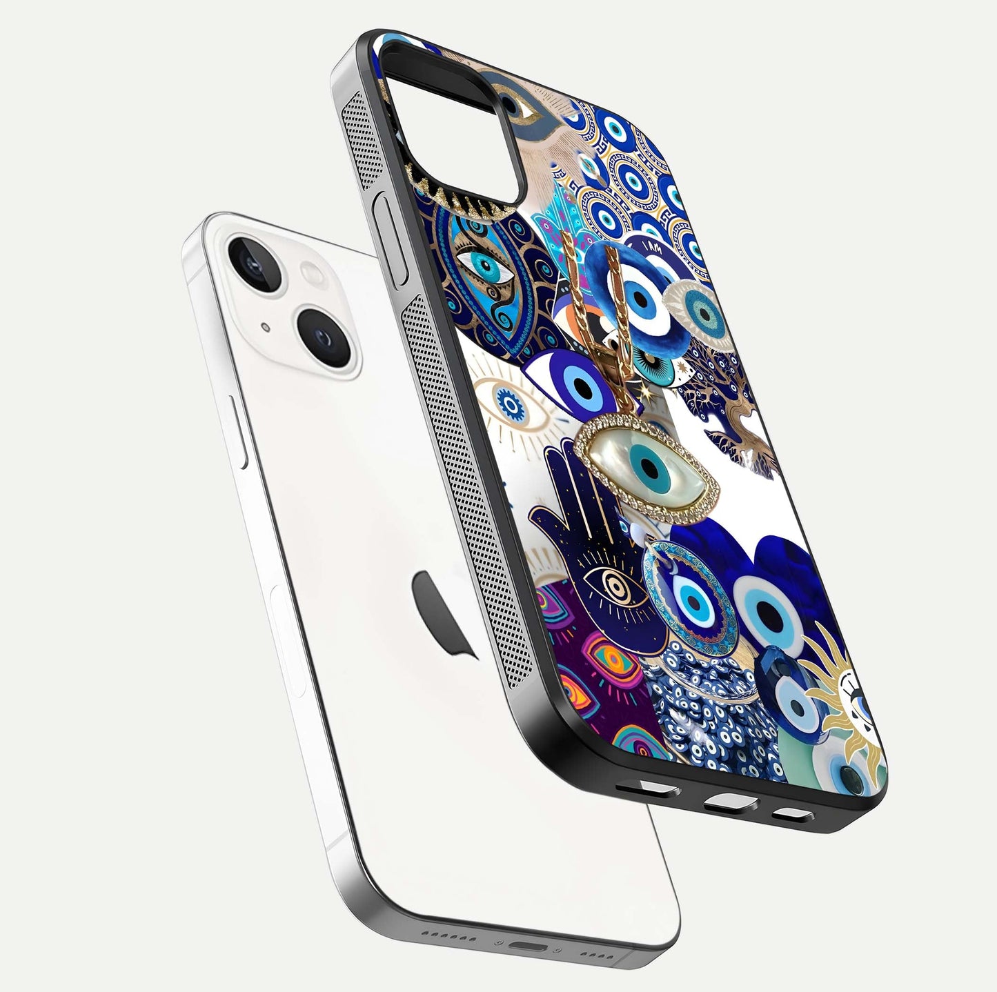 Mystic Charm Eye Glass Case for iPhone 14 floating dual-view mockup showing gloss glow and charm symbol
