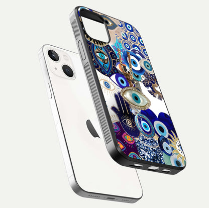 Mystic Charm Eye Glass Case for iPhone 14 floating dual-view mockup showing gloss glow and charm symbol