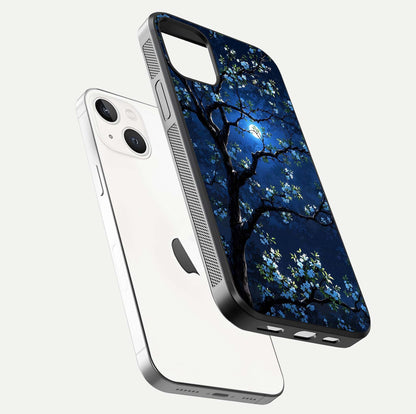 Mystic Floral Night Glass Case for iPhone 14 floating dual-view mockup displaying shine and rich color depth