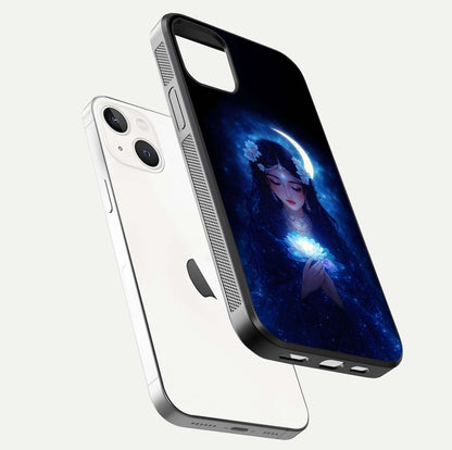 Mystic Moon Queen Glass Case for iPhone 14 floating dual-view mockup showing HD gloss and cosmic glow